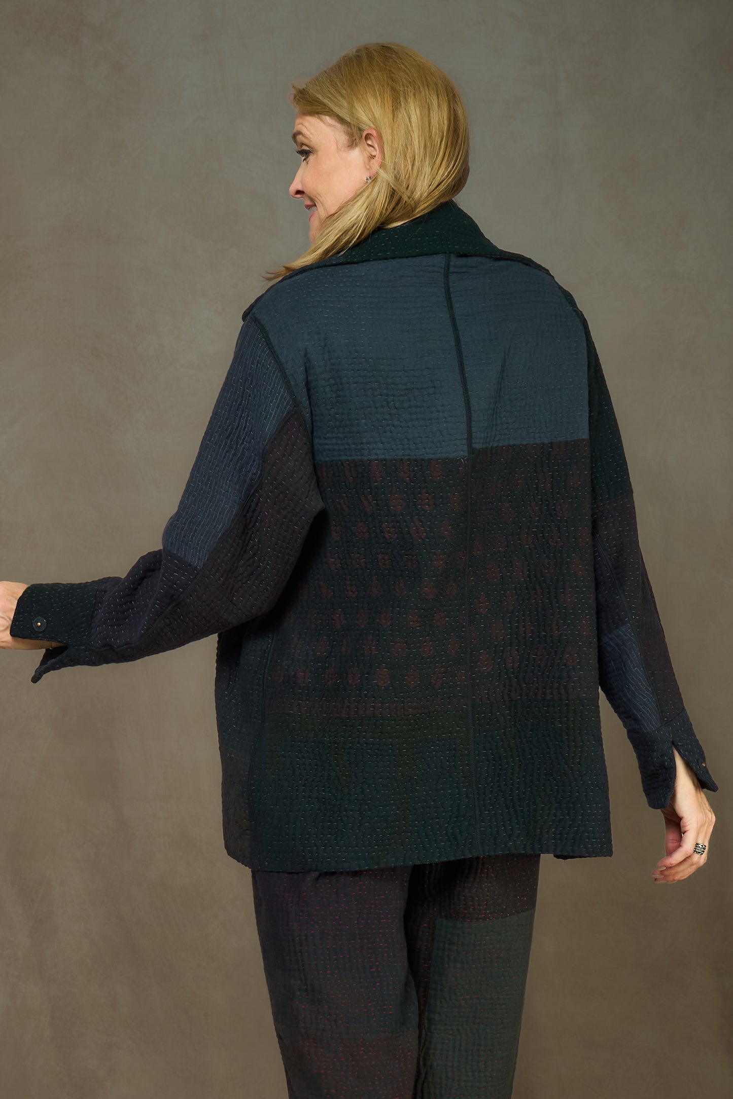 DENIM SUN-DYE KANTHA PEA COAT - ds3349-blk -