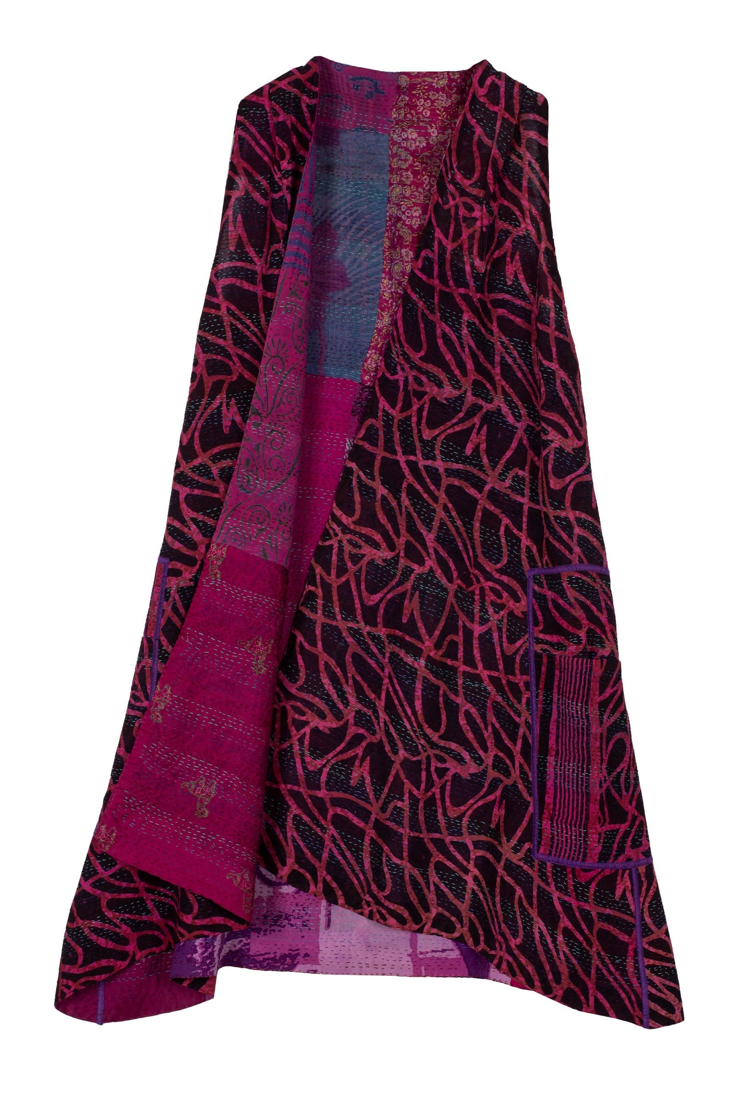 GEORGETTE VINTAGE SILK PATCH KANTHA BACK PLEATED VEST - gs2221-pik -