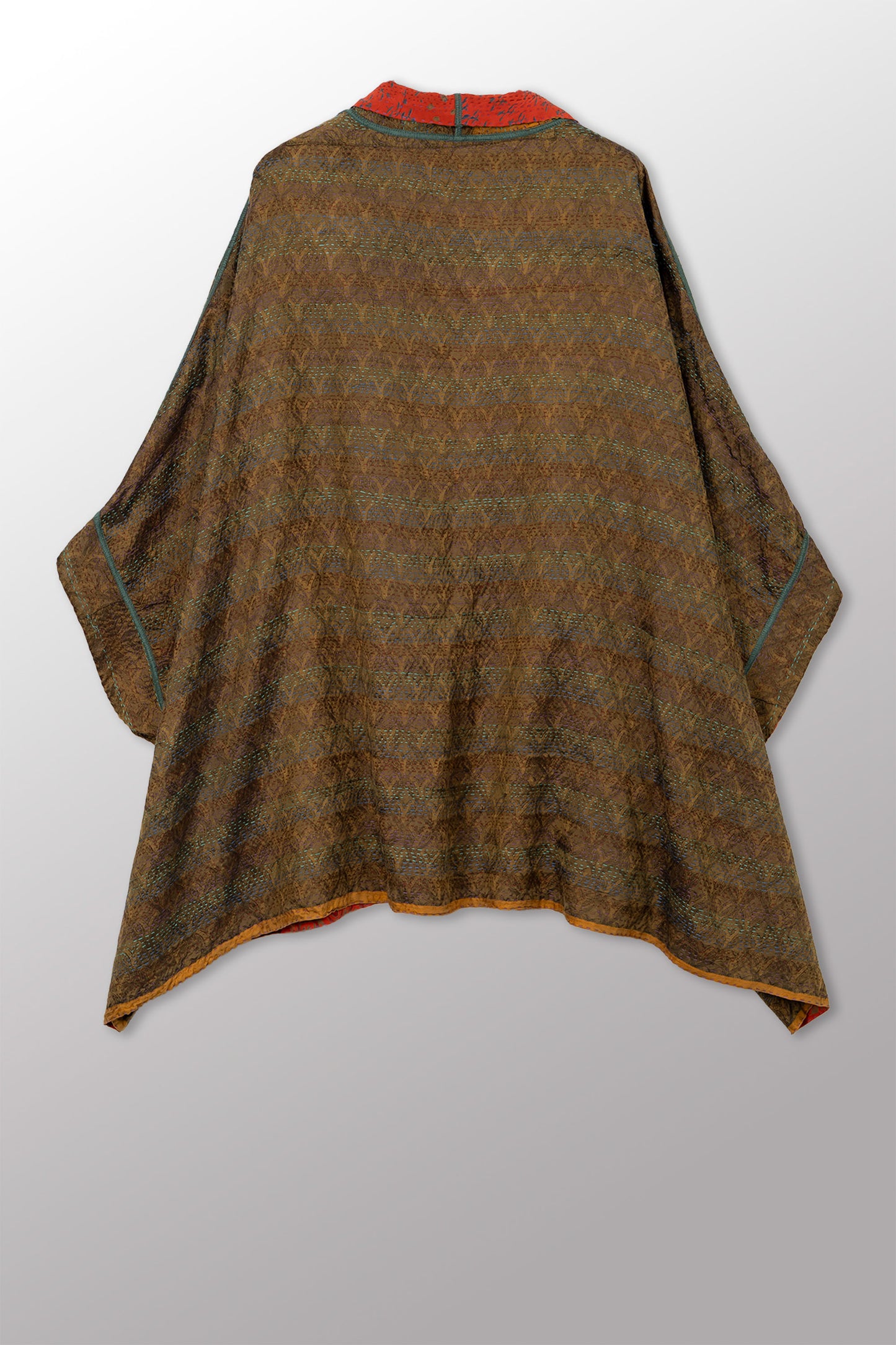 GEORGETTE JACQUARD VINTAGE SILK PATCH KANTHA DOUBLE COLLAR PONCHO - gj2323-0002a -