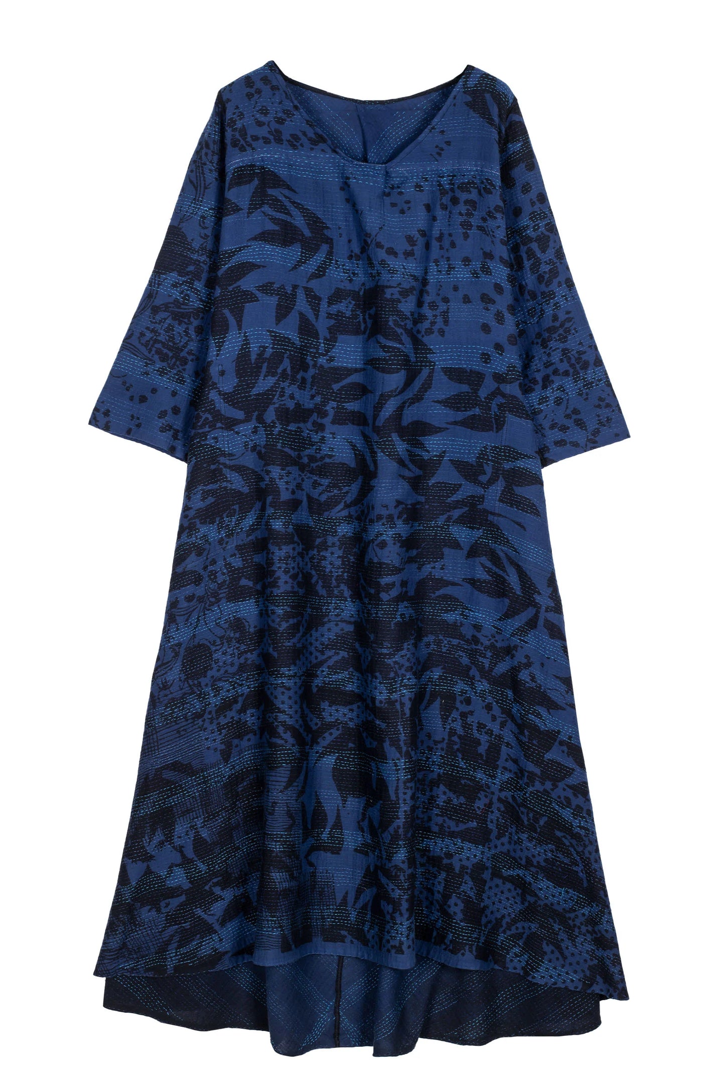 MONOTONE TWILIGHT PRINT KANTHA V-NECK MAXI WITH SLEEVES - tp2441-nvy -