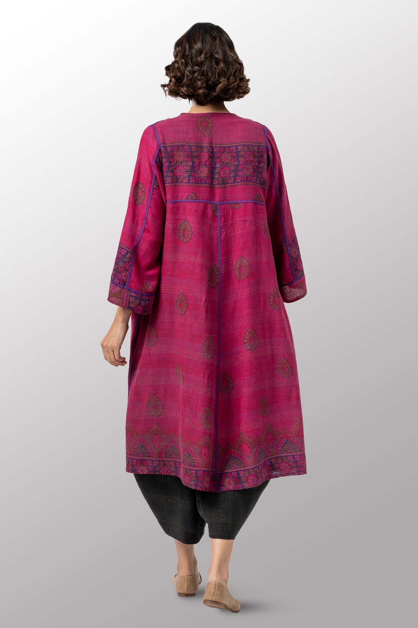VINTAGE SILK GEORGETTE COTTON KANTHA WRAP FLARE COAT - gc2330-0002a -