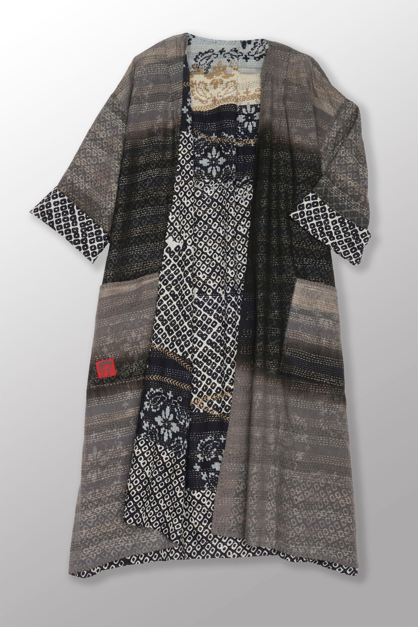 KIMONO COTTON KANTHA LONG DUSTER - kc2328-blk -