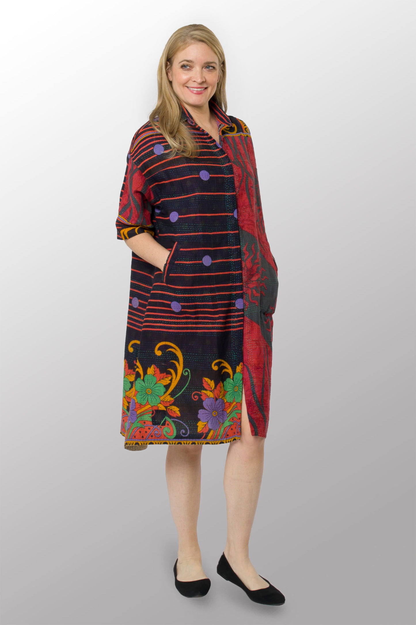 VINTAGE COTTON KANTHA 3/4 SLV. SHIRT DRESS - cv2459-0001s -