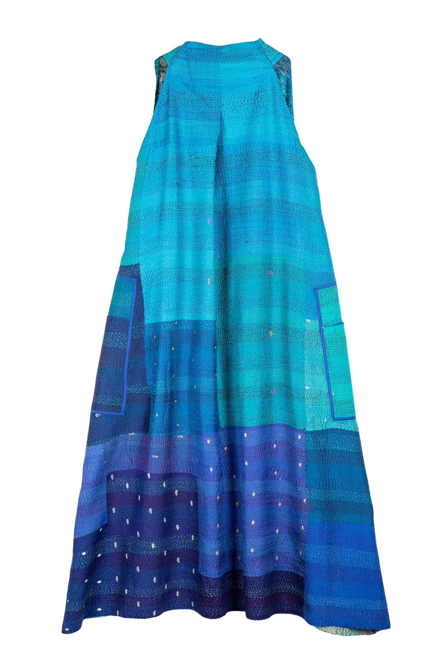 VINTAGE SILK PATCH KANTHA BACK PLEATED VEST MAXI - vp2222-blu -