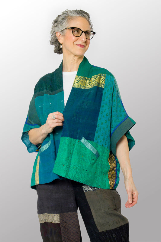 COTTON SILK SW PATCH KANTHA MINI PONCHO - ws2060-tel -