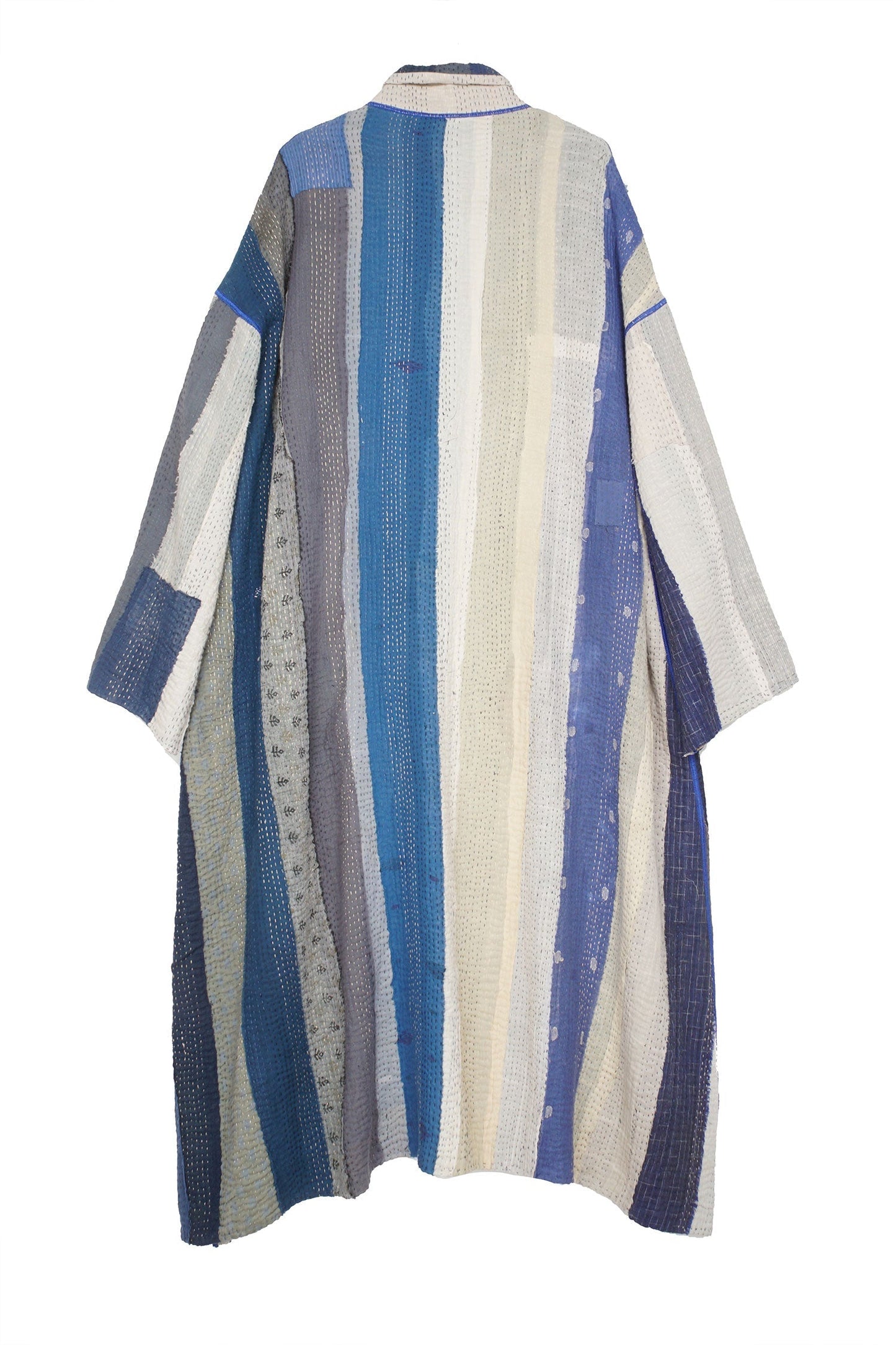 COTTON STRIPE PATCH KANTHA OVERSIZED COAT - cs4326-blu -