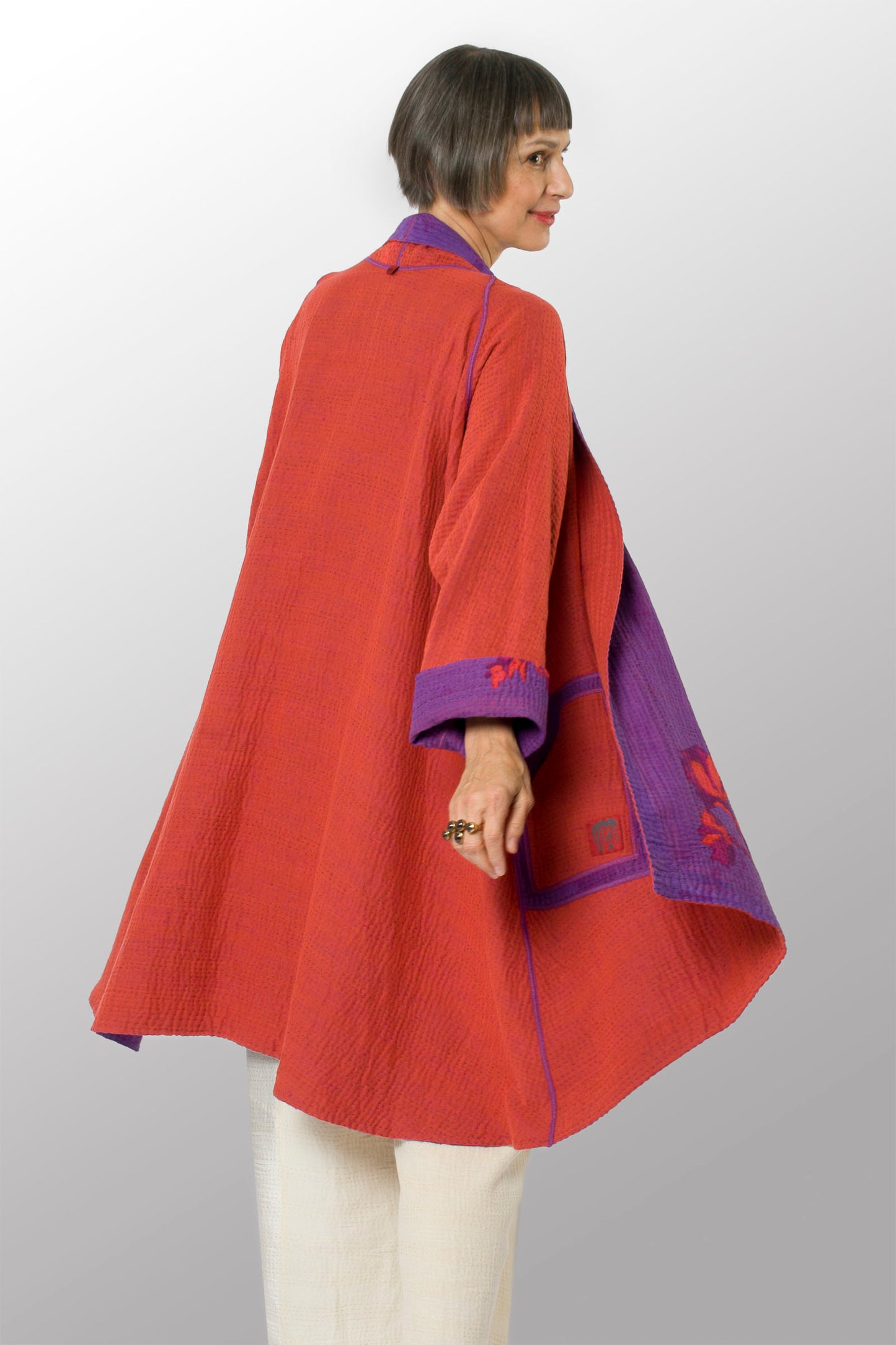 BLOOMING FLOWERS KANTHA KIMONO LONG JACKET - bf4005-prp -