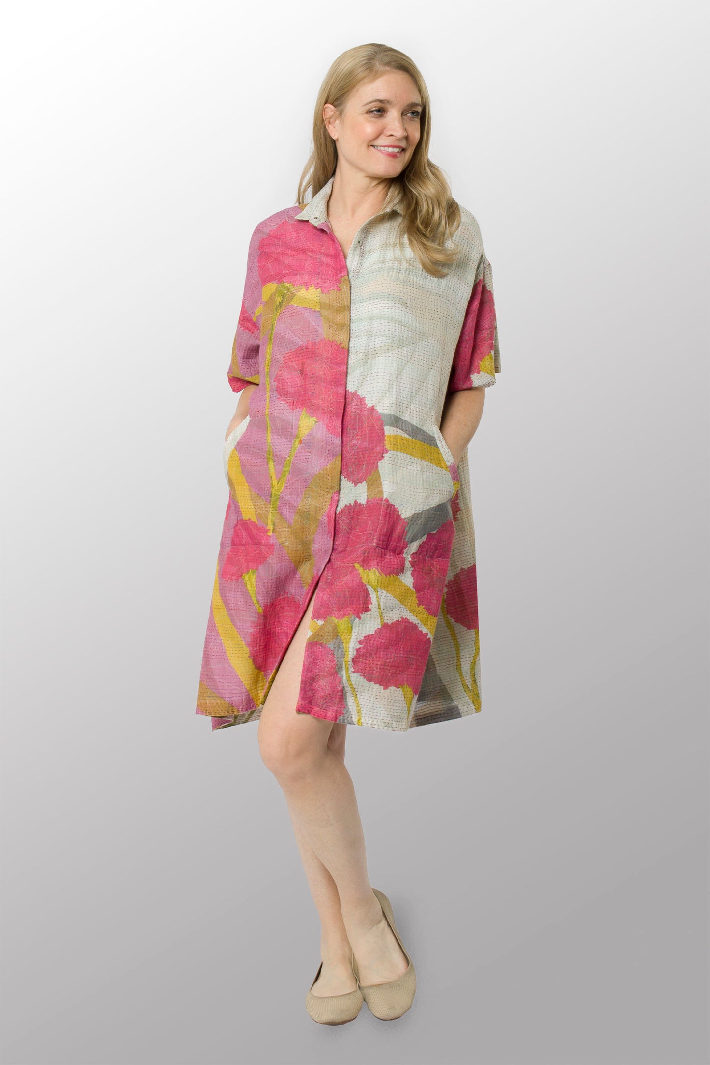 MARIGOLD PRINT KANTHA HALF SLV. SHIRT DRESS - mg2429-pik -