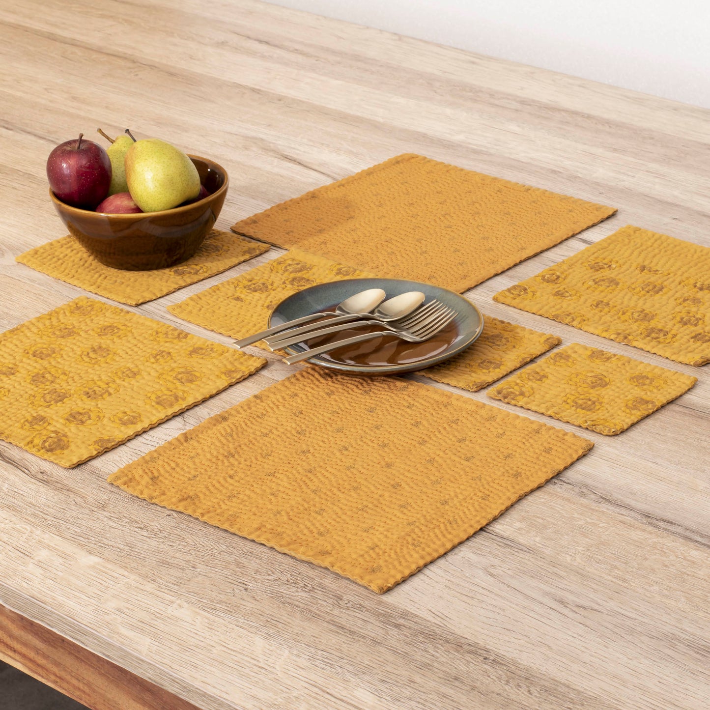 Printed Fray Handmade Kantha Coasters -Golden (Set of 2)