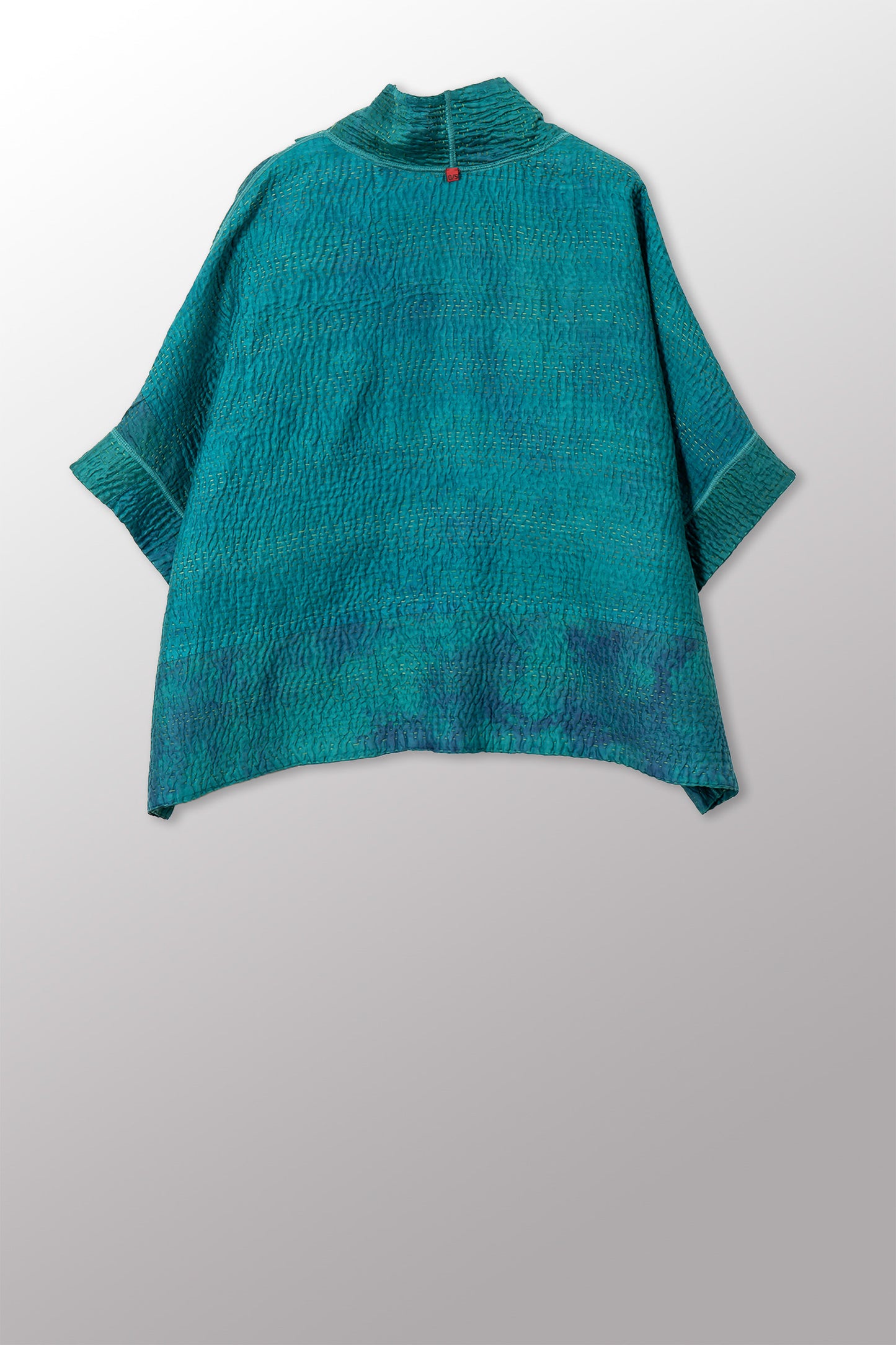 GEORGETTE JACQUARD VINTAGE SILK PATCH KANTHA MINI PONCHO - gj4060-grn -