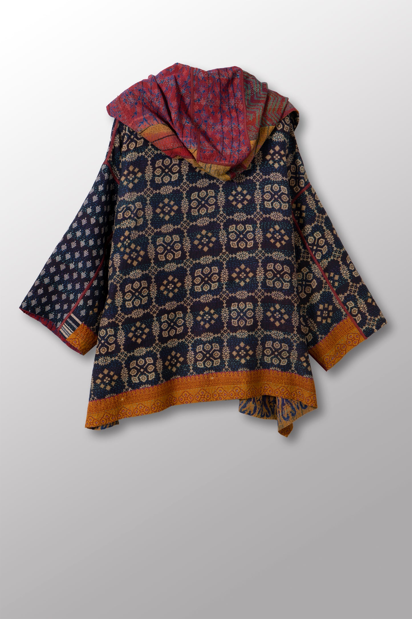 VINTAGE SILK GEORGETTE COTTON KANTHA HOODIE PONCHO - gc2064-0002a -