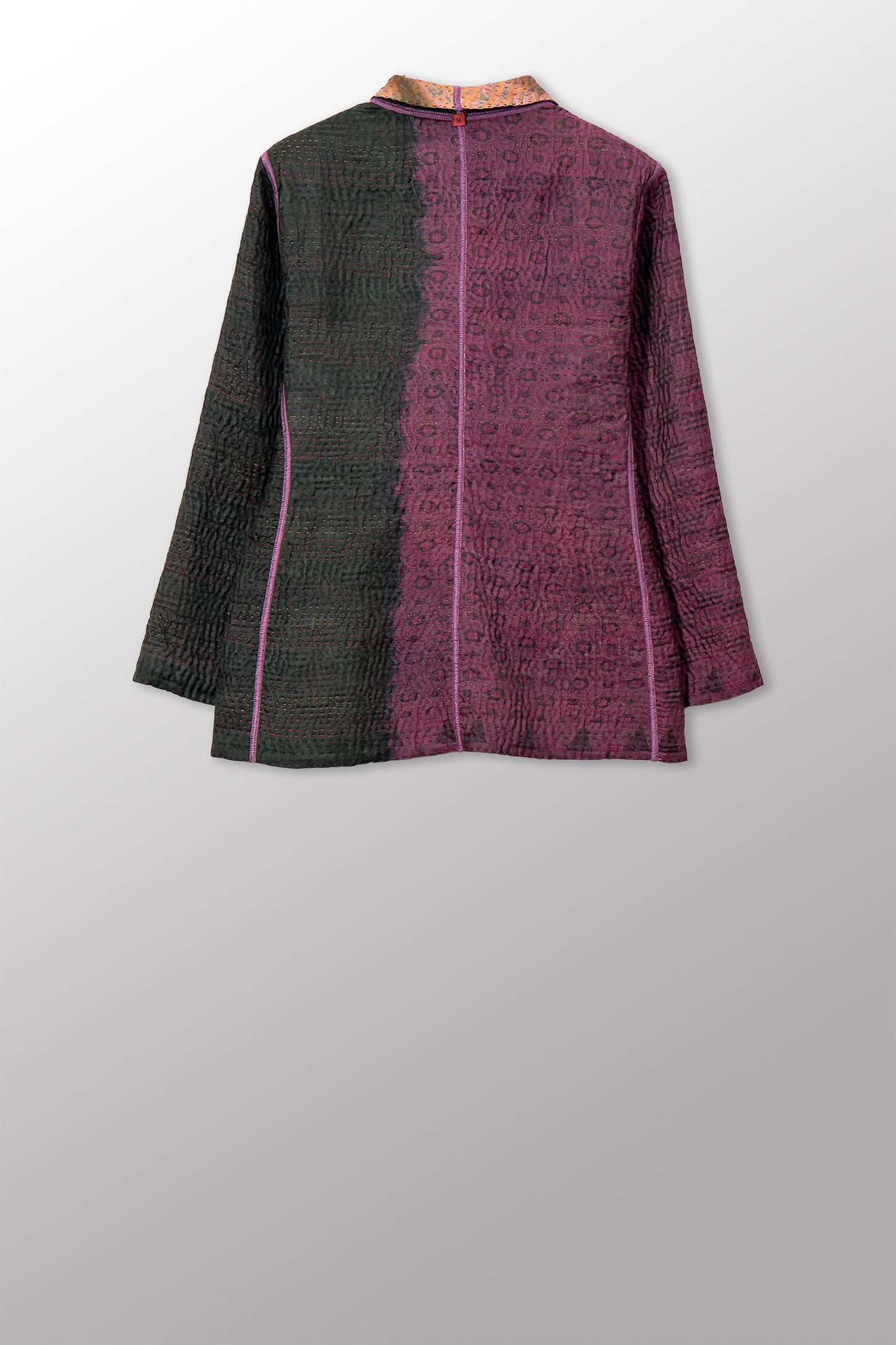 VINTAGE PRINTED SILK CLAMP DYE WITH JACQUARD KANTHA SHORT JACKET - sk4007-0001m -