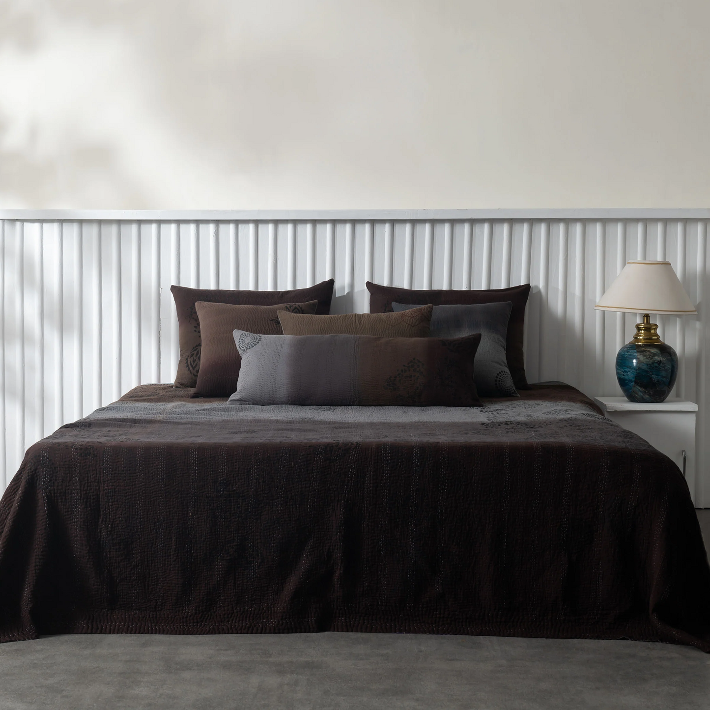 Vintage Fray Patch & Ombre Kantha Bedcover -Chocolate -