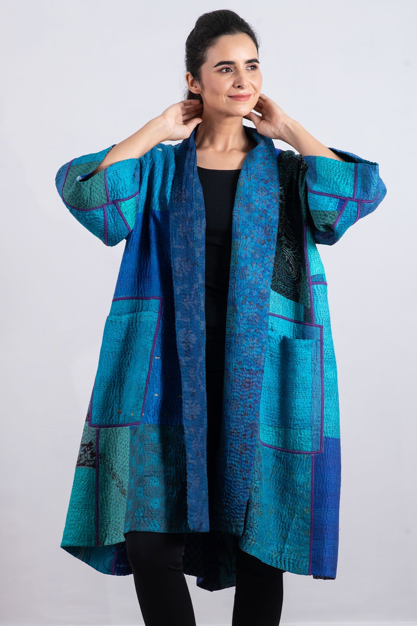 JACQUARD SILK KANTHA 3/4 SLV. A-LINE DUSTER - js4324-blu -