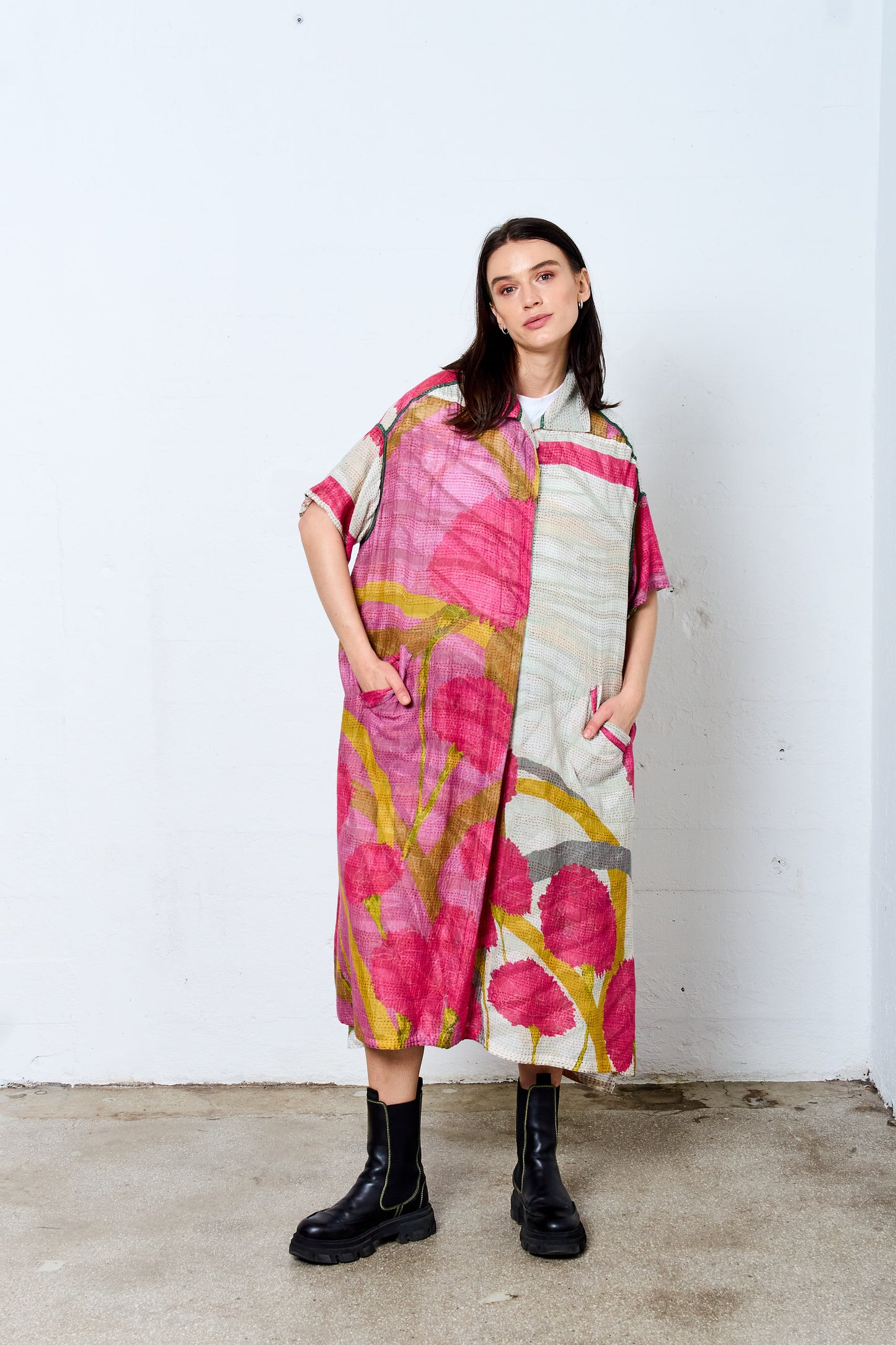 MARIGOLD PRINT KANTHA WING COLLAR DRESS - mg2454-pik -
