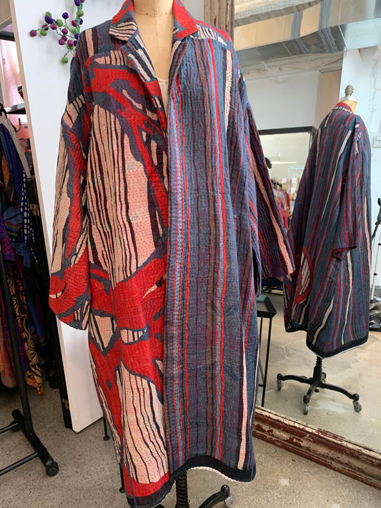 STRIPE AND BENDS KANTHA NEW OVERSIZED COAT - sb4342-red -