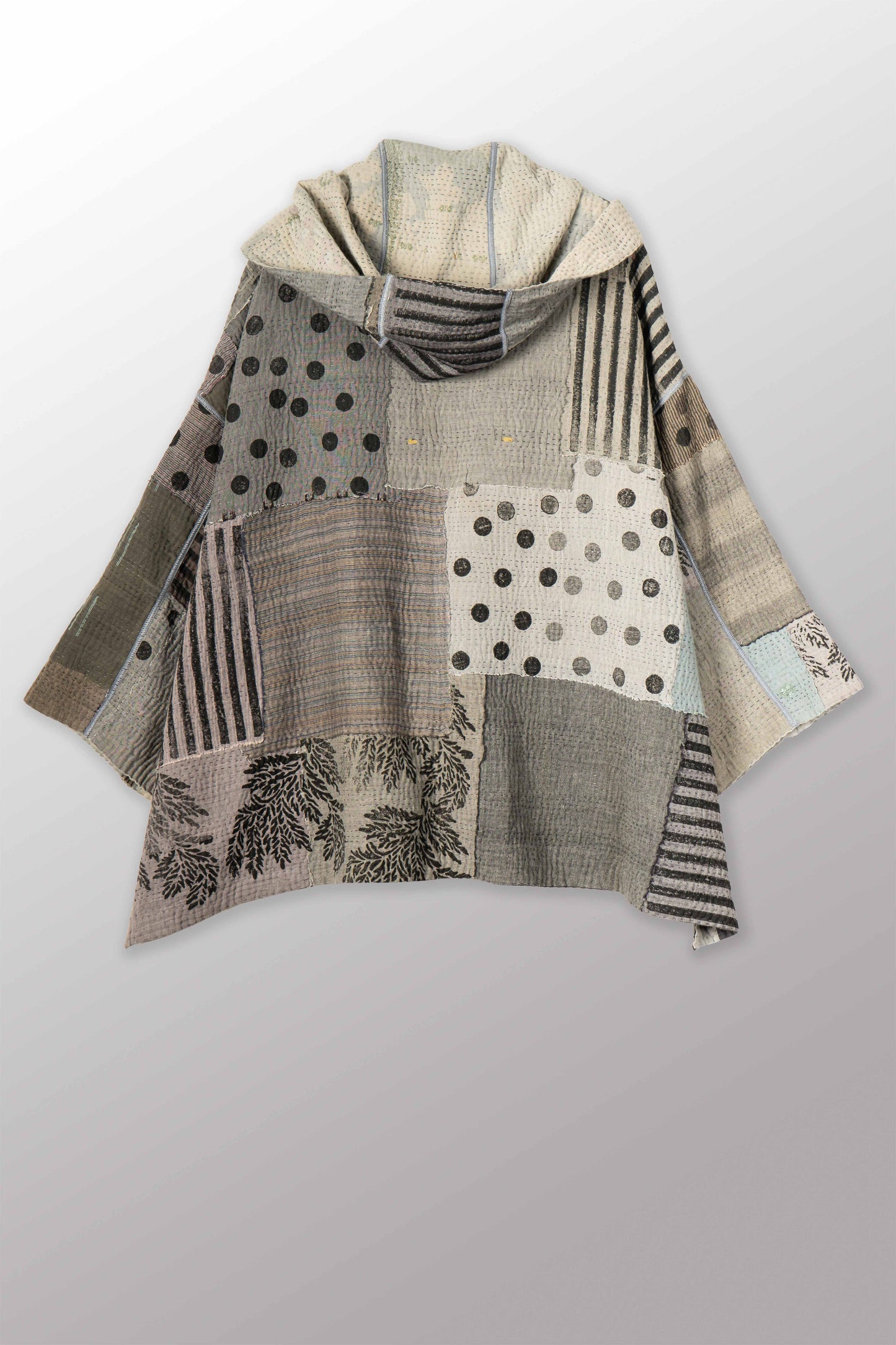 FRAYED PATCH KANTHA WITH STAMP HOODIE PONCHO - sp-fi4064-gry -