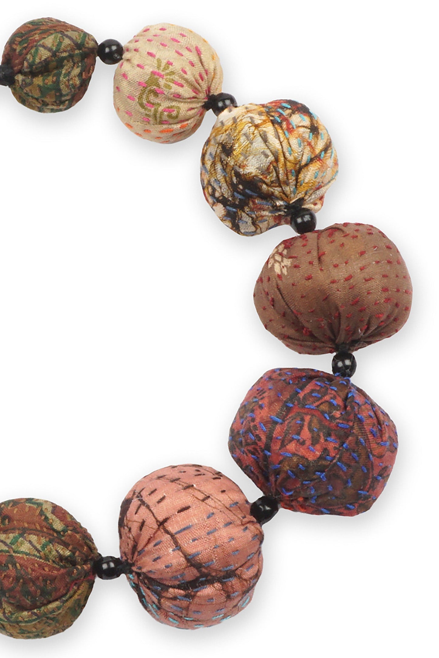 VINTAGE SILK KANTHA NUTS SHORT NECKLACE - sv2700-brn -