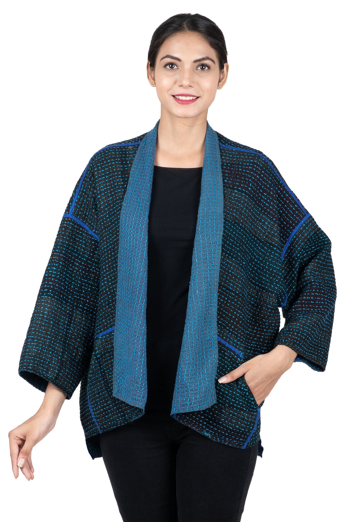 WAFFLE KANTHA MINI KIMONO JKT - wf3055-blu -