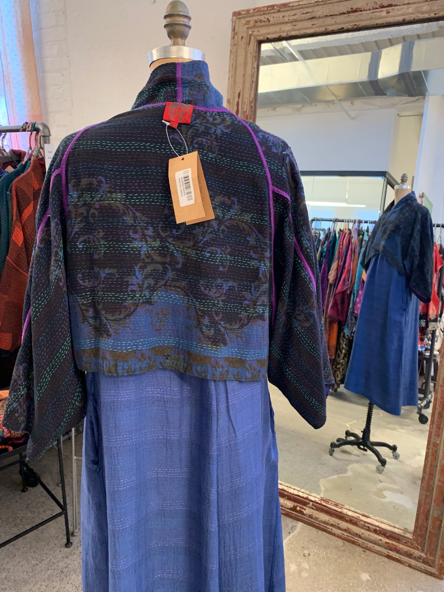 VINTAGE SILK GEORGETTE COTTON KANTHA PUFF SLV. SHRUG - gc2062-0005a -