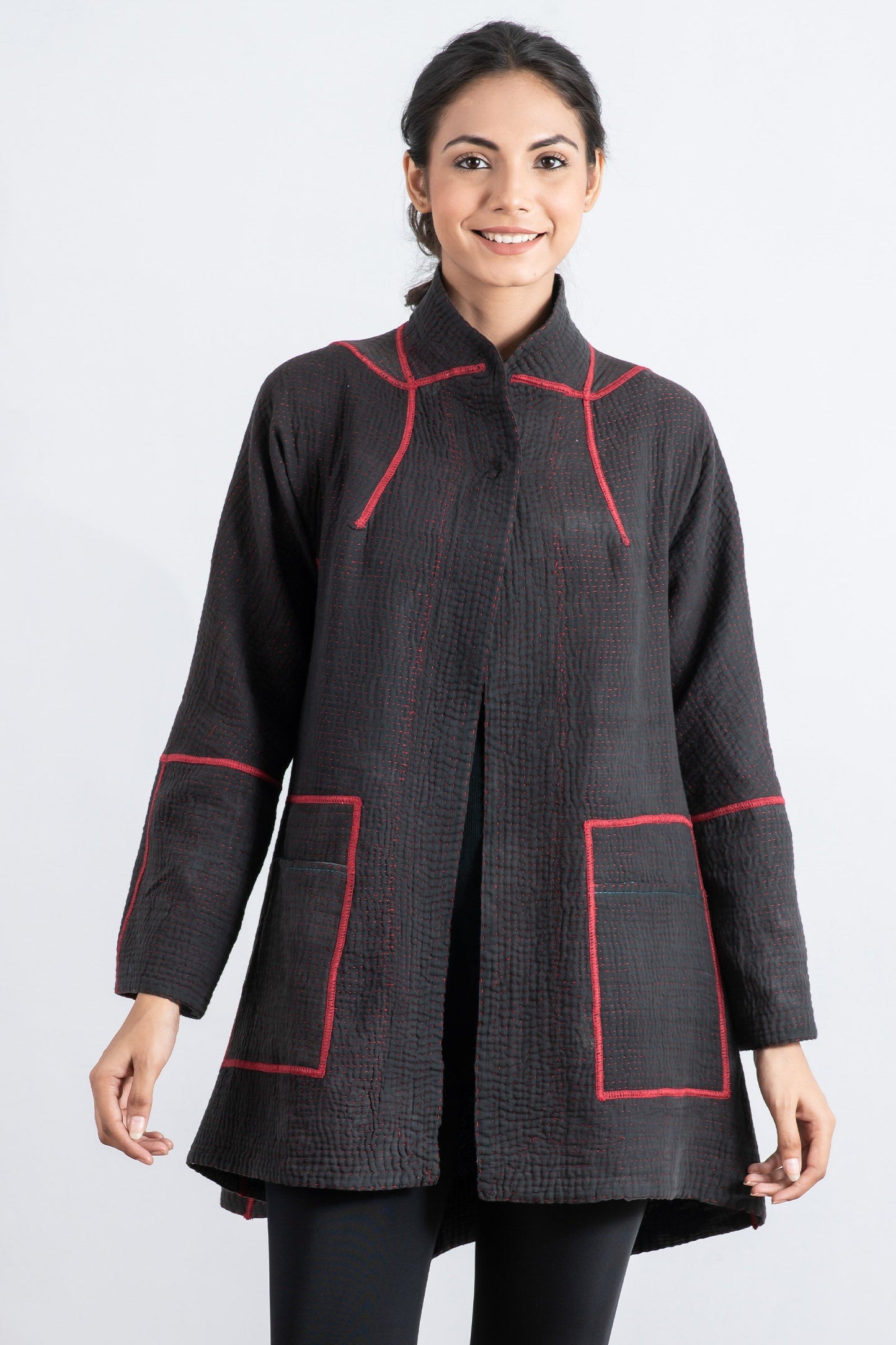 MONOTONE TWILIGHT PRINT KANTHA FLARE LONG JKT - tp4021-red -