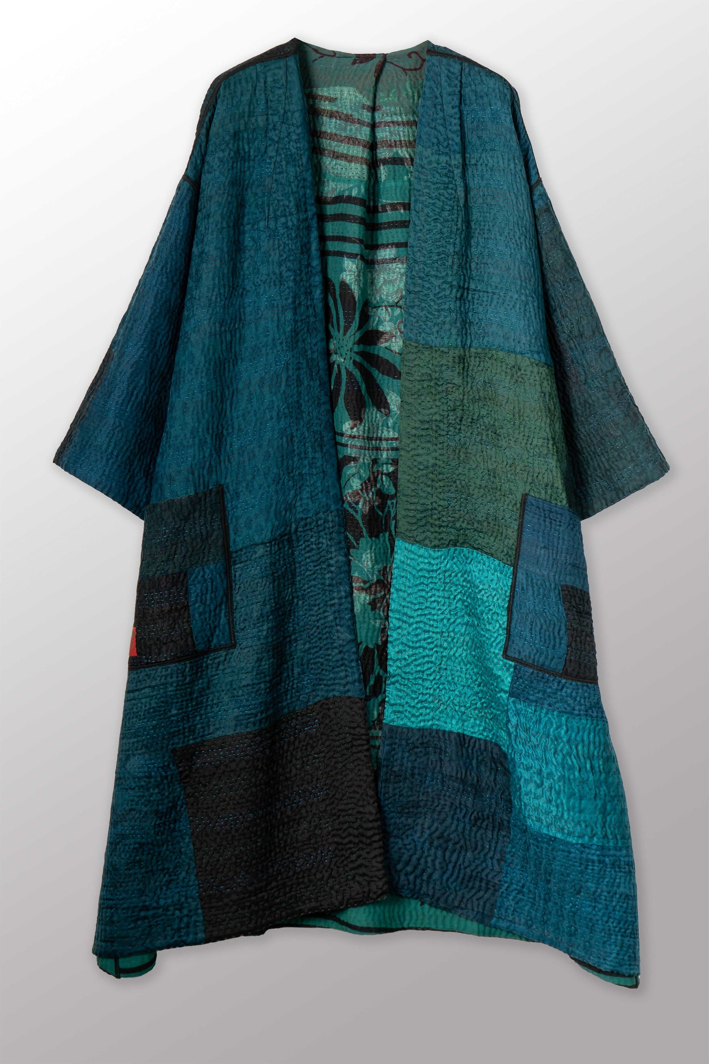 EMERALD GREEN KANTHA LONG DUSTER - eg4328-tel -