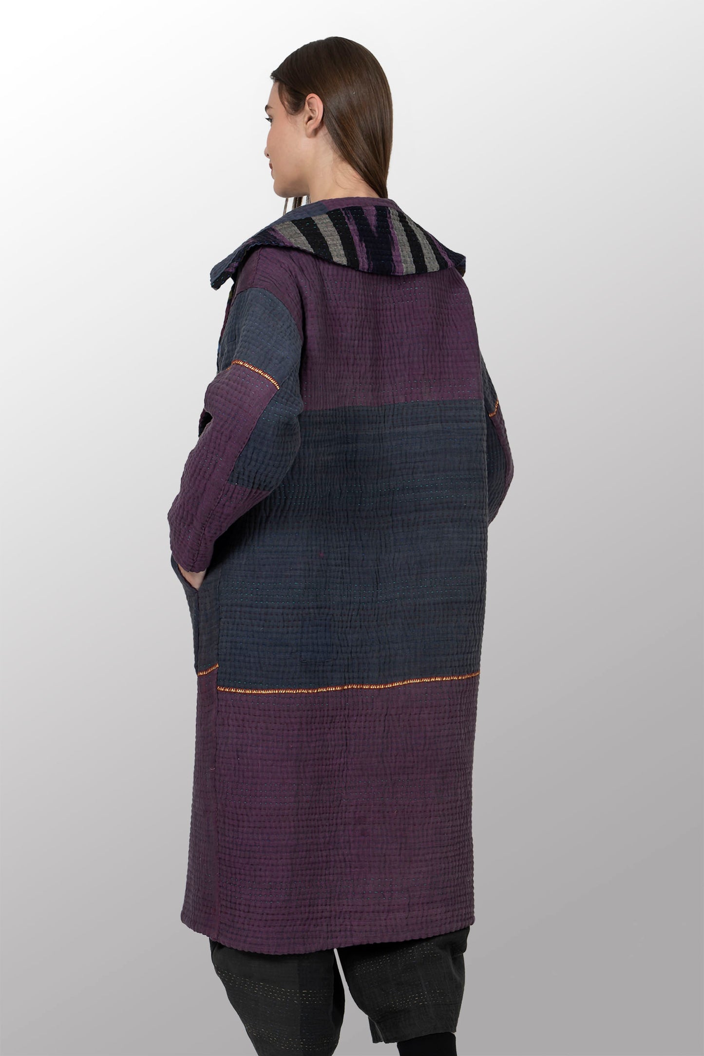 QUILTED OVERDYE COTTON KANTHA DOUBLE BREAST LONG COAT - oq5340-cred001a -