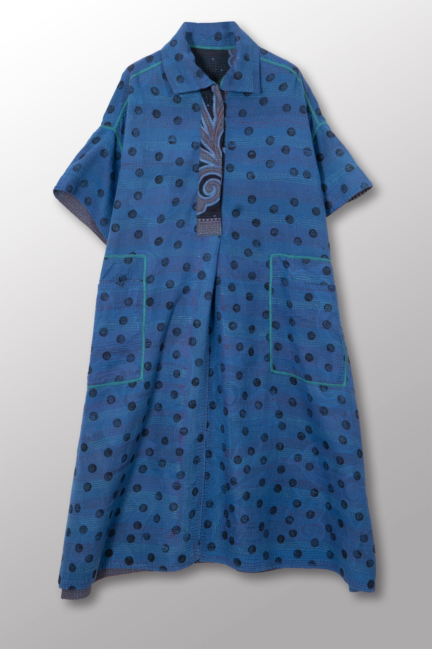 VINTAGE COTTON & NEW VOILE KANTHA WING COLLAR DRESS - cn2454-0003a -