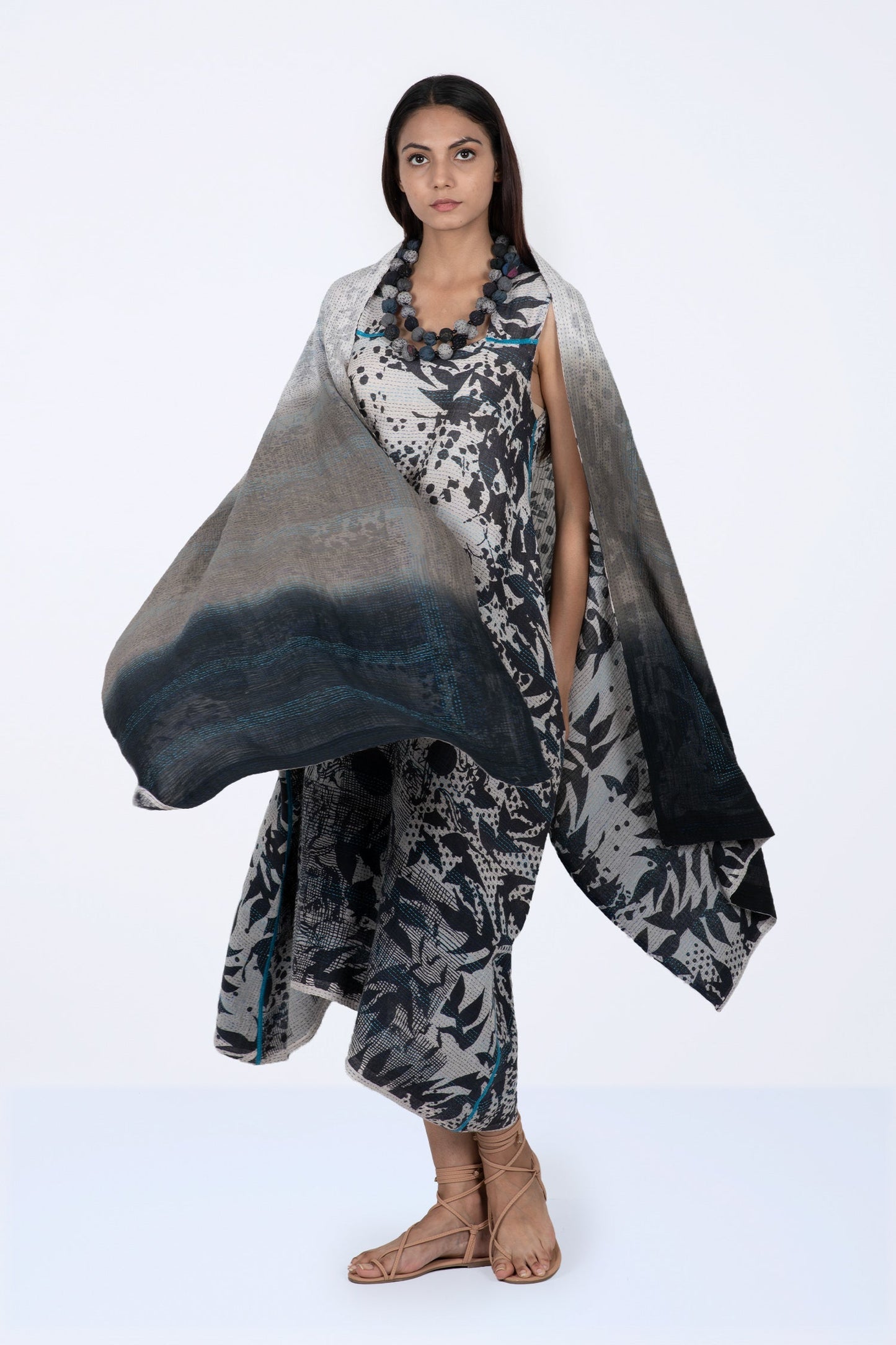 MONOTONE TWILIGHT PRINT KANTHA TENT DRESS - tp2413-wht -