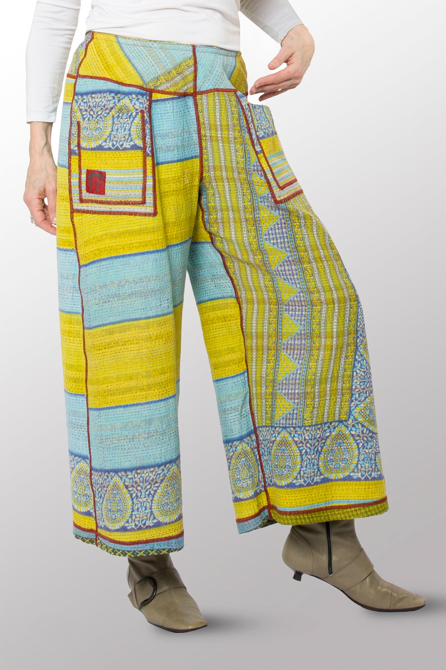 VINTAGE COTTON KANTHA MID RISE WIDE LEG PANTS - cv2665-0003m -