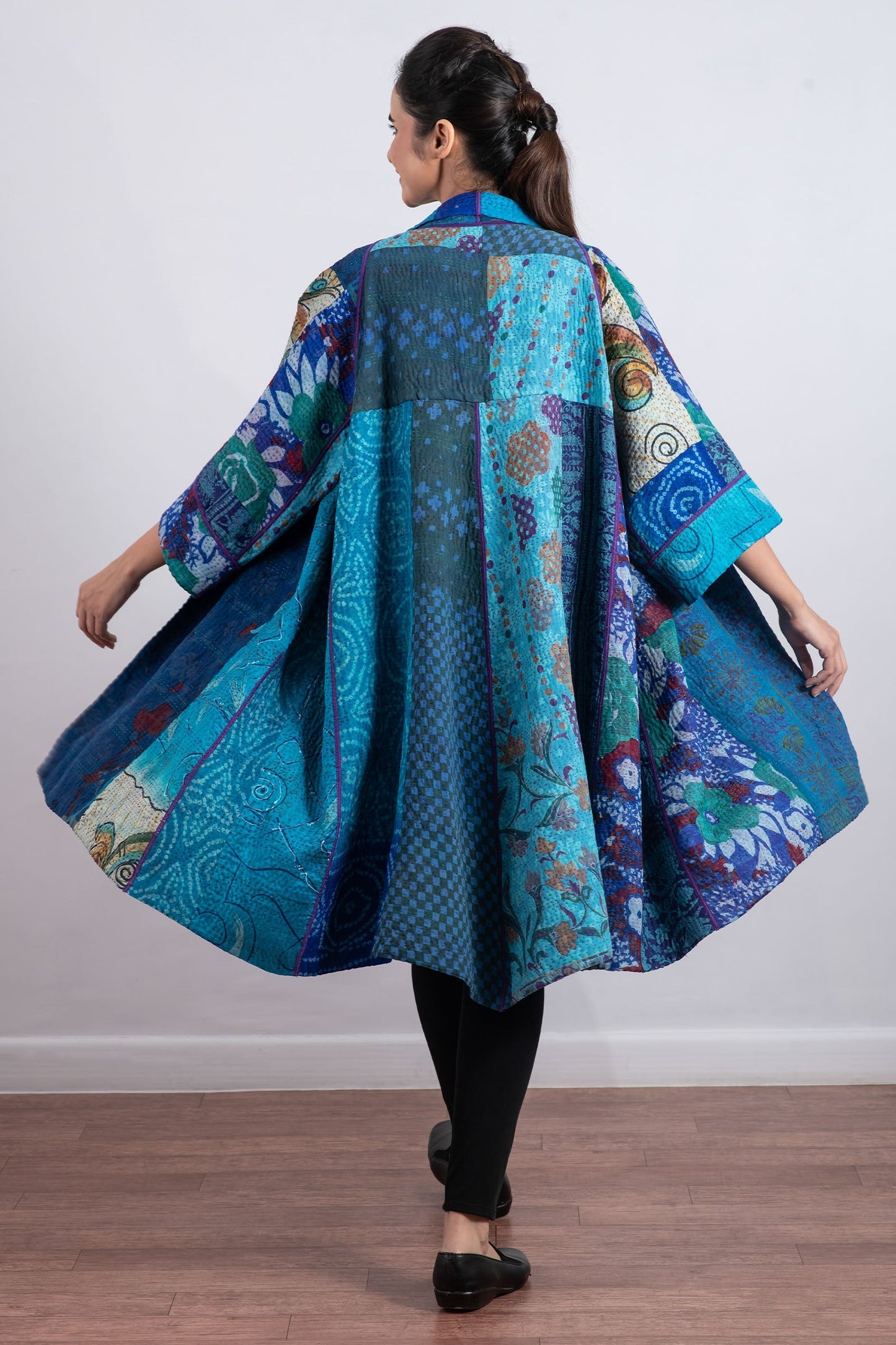 JACQUARD SILK KANTHA 3/4 SLV. A-LINE DUSTER - js4324-blu -