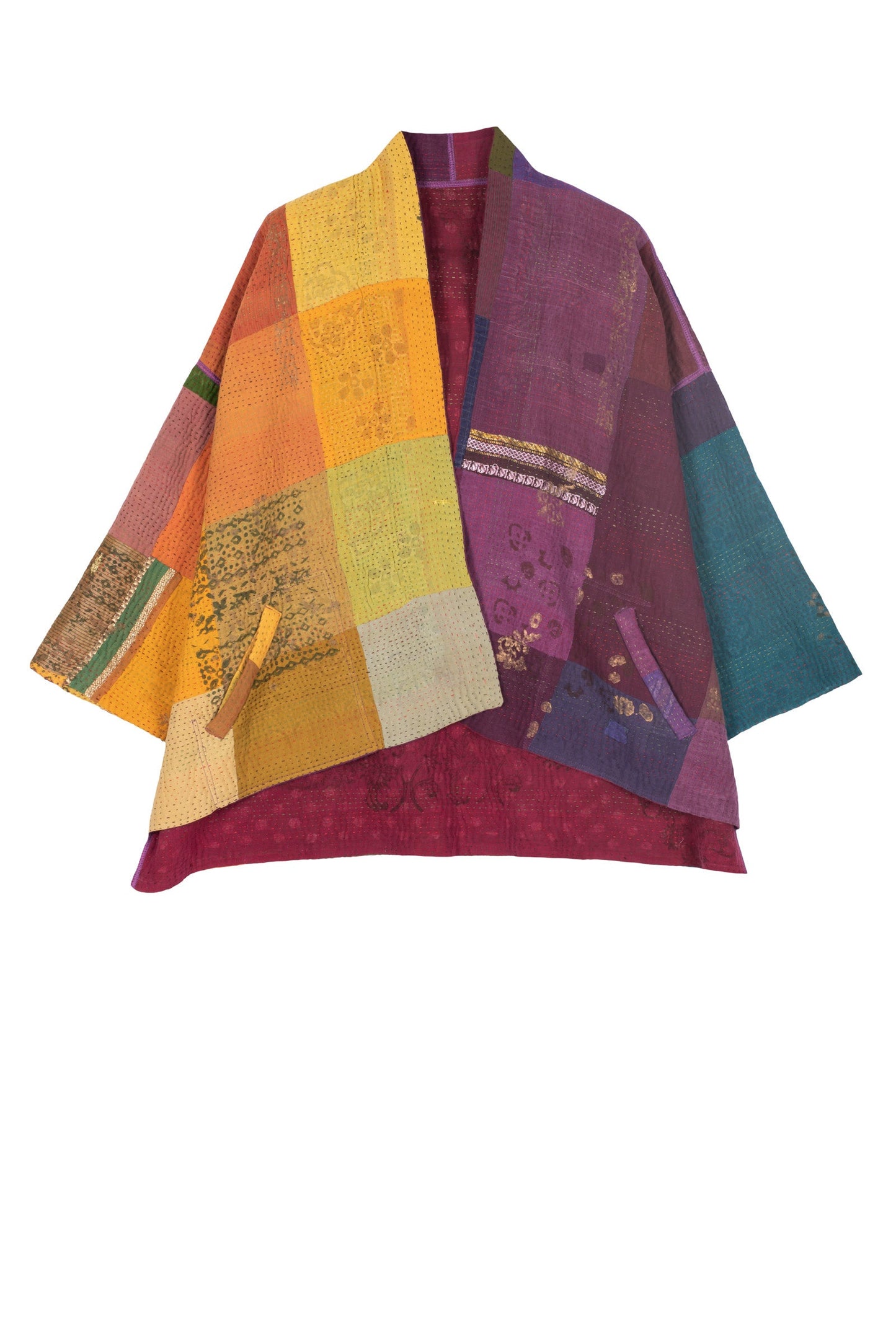 OMBRE PATCHED GOLD STAMP KANTHA MINI KIMONO JACKET - og4055-mlt -