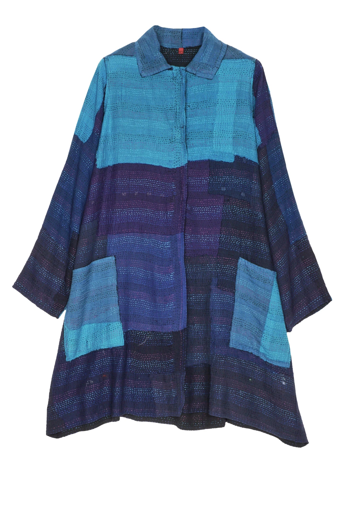 LANDSCAPE FRAYED PATCH KANTHA A-LINE DUSTER - lf2311-blu -