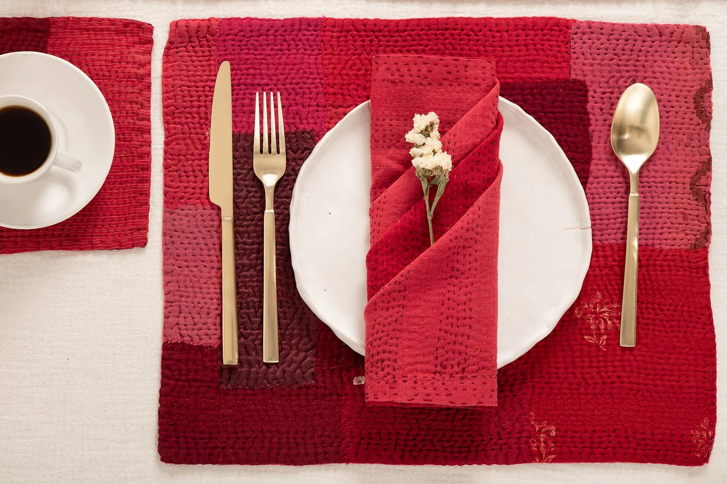 Landscape Fray Patch Kantha Placemat - Red (Set of 2)