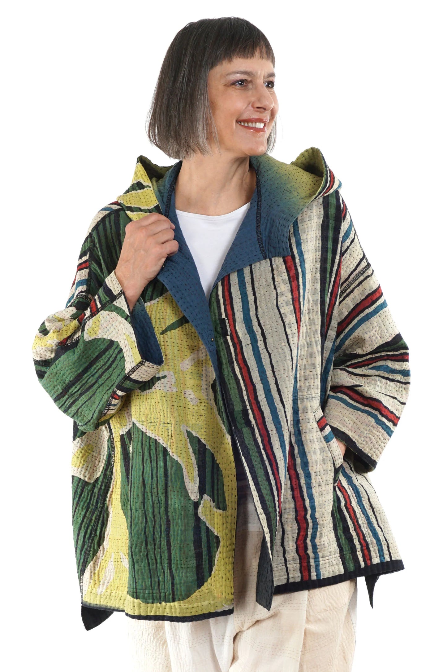 STRIPE AND BENDS KANTHA HOODIE PONCHO - sb4064-grn -