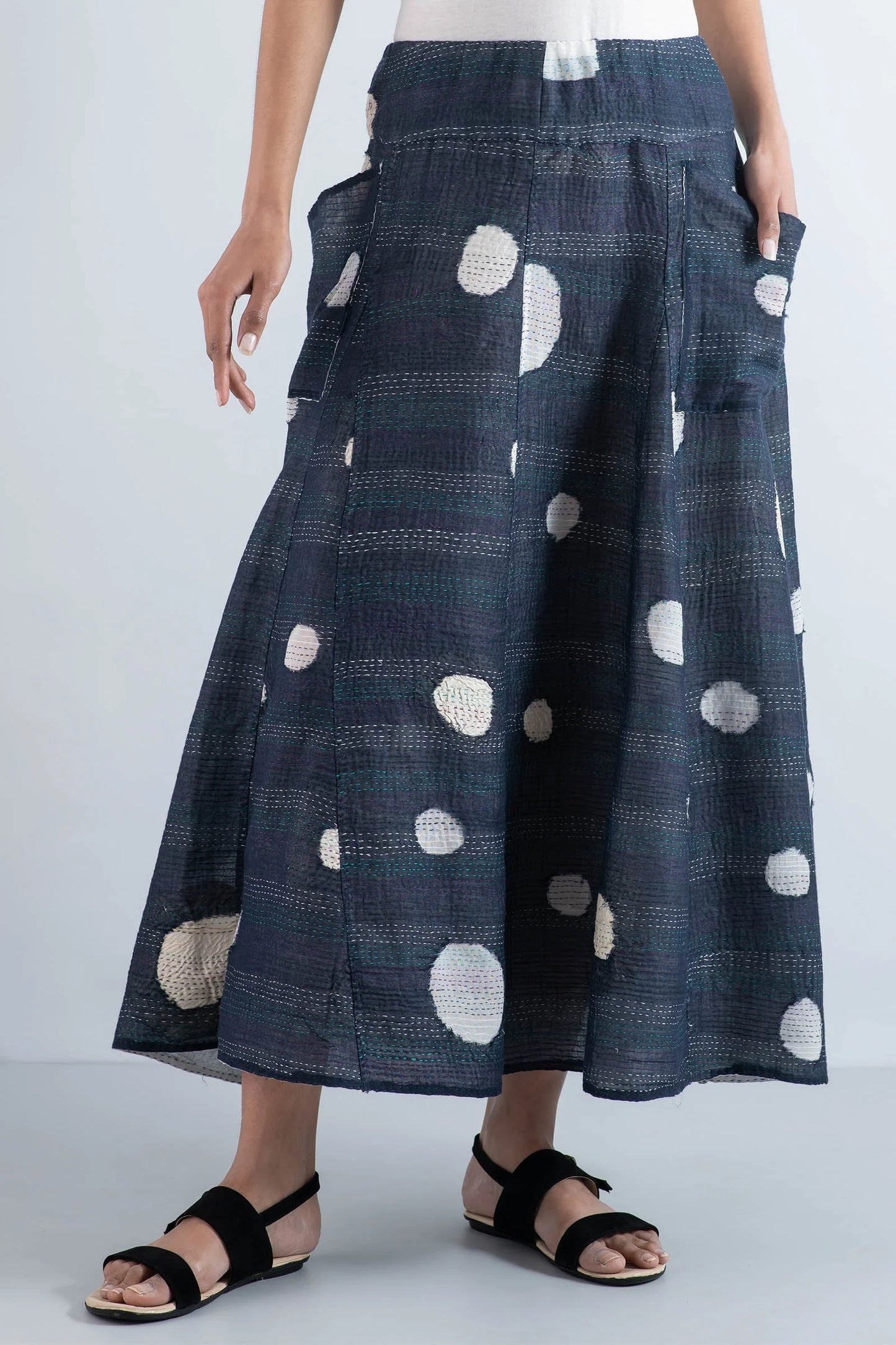 CUT THROUGH DOT AND HOLES KANTHA PANELED FLARE SKIRT - cd2630-blu -