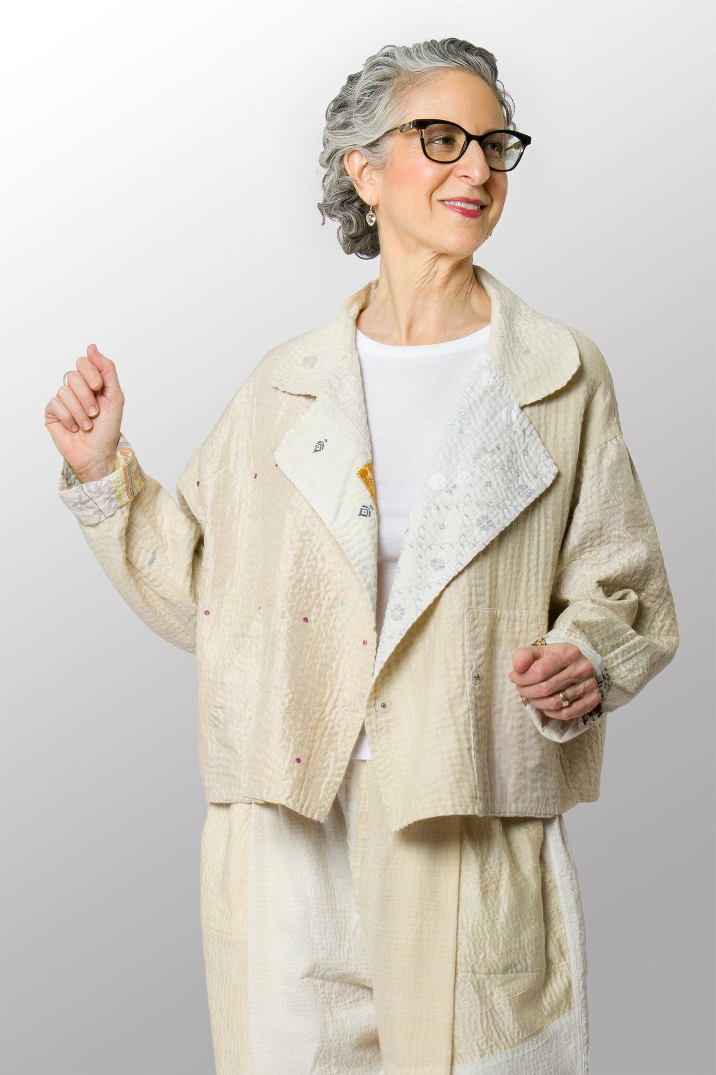 JEWEL WOVEN WITH VERTICAL PATCH KANTHA LAPELED SHORT JACKET - jv4081-ivy -