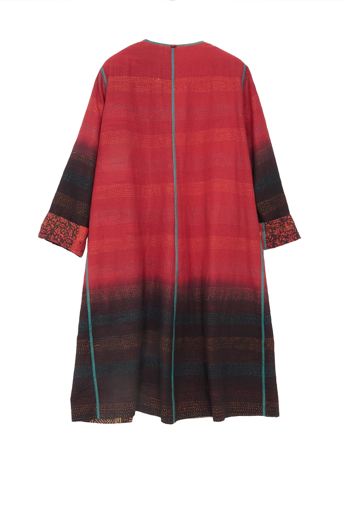 SILK COTTON OMBRE PRINT KANTHA CREW NECK COAT - os2313-red -