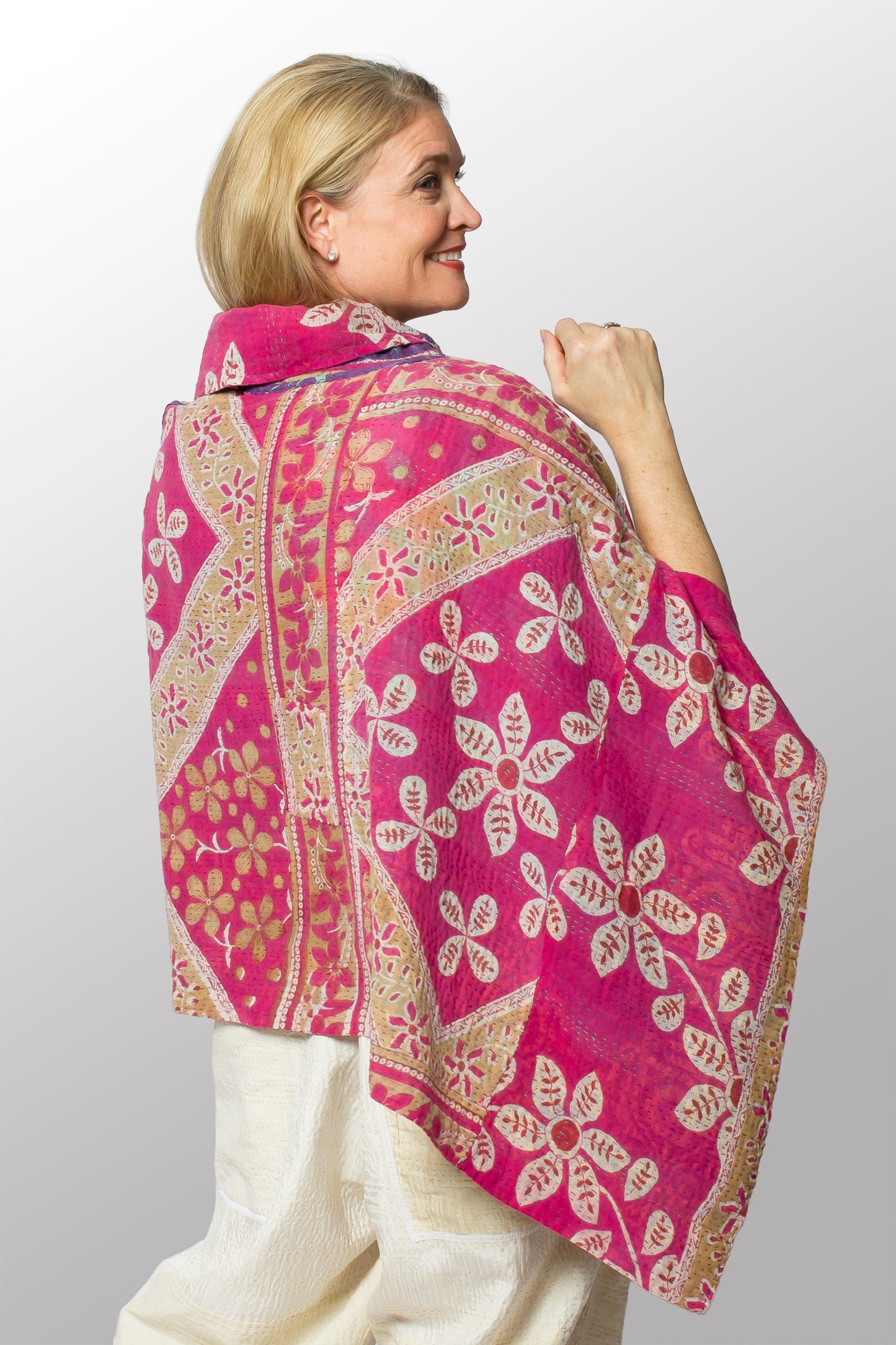VINTAGE COTTON KANTHA COWL NECK LONG CAPE