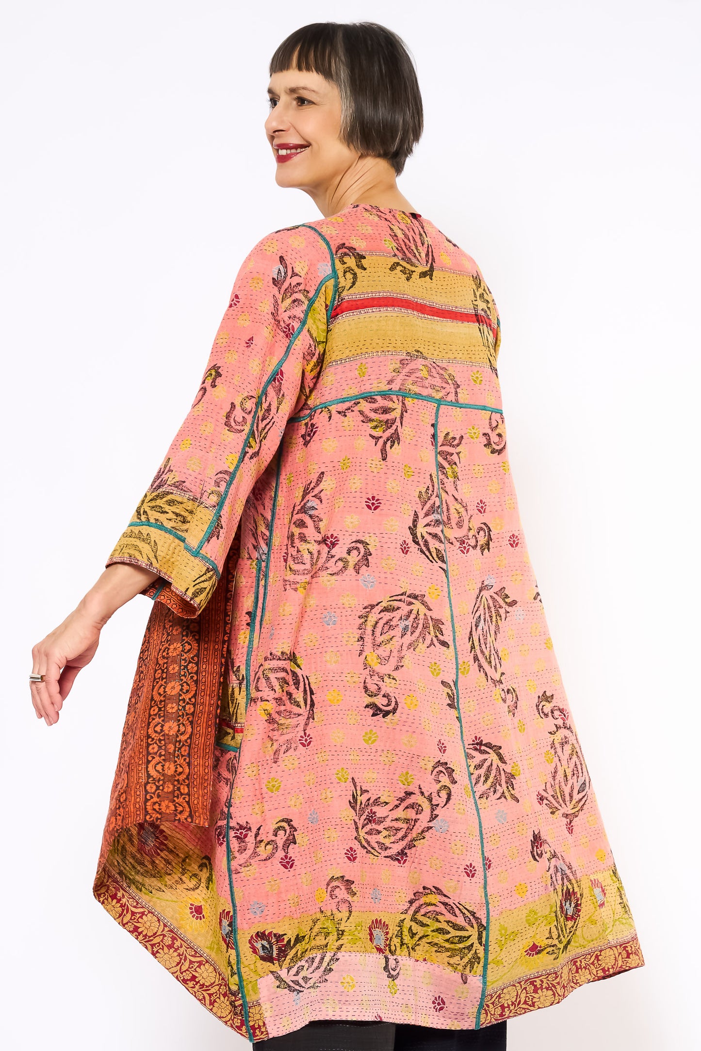 COTTON OVERDYE KANTHA WRAP FLARE COAT - ov2330-corg003a -