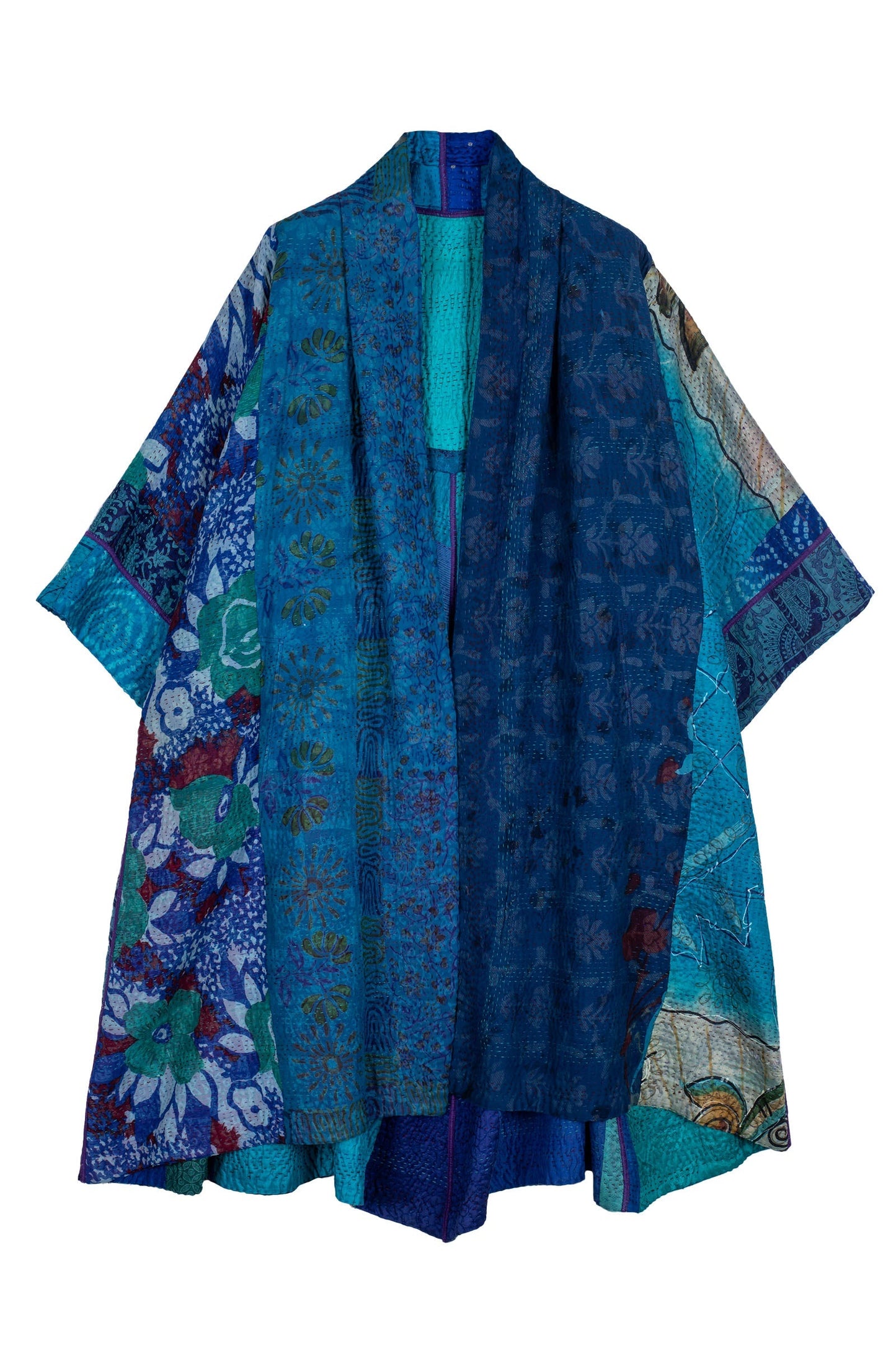 JACQUARD SILK KANTHA 3/4 SLV. A-LINE DUSTER - js4324-blu -