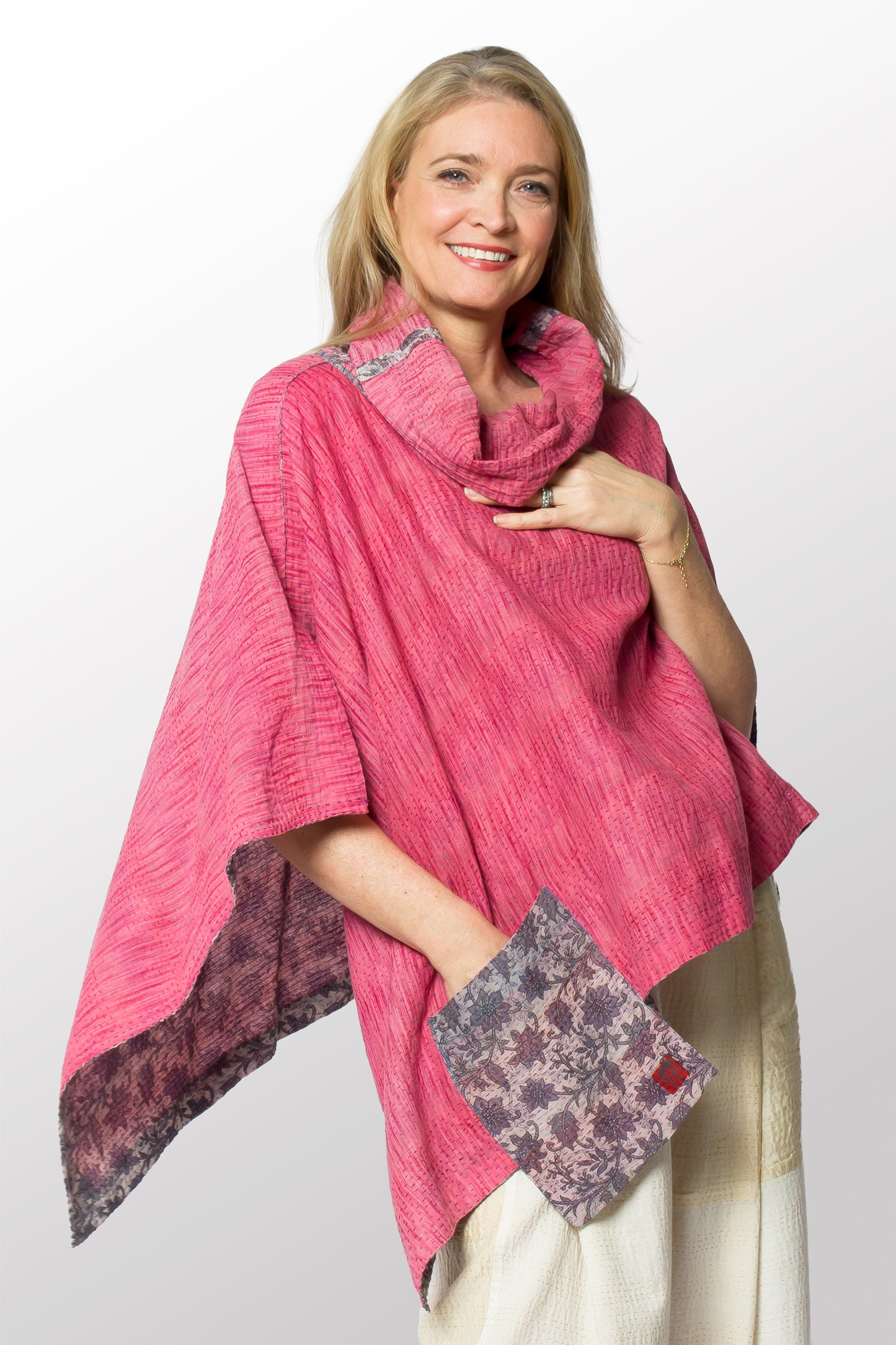 VINTAGE COTTON KANTHA COWL NECK LONG CAPE - cv2842-0003a -