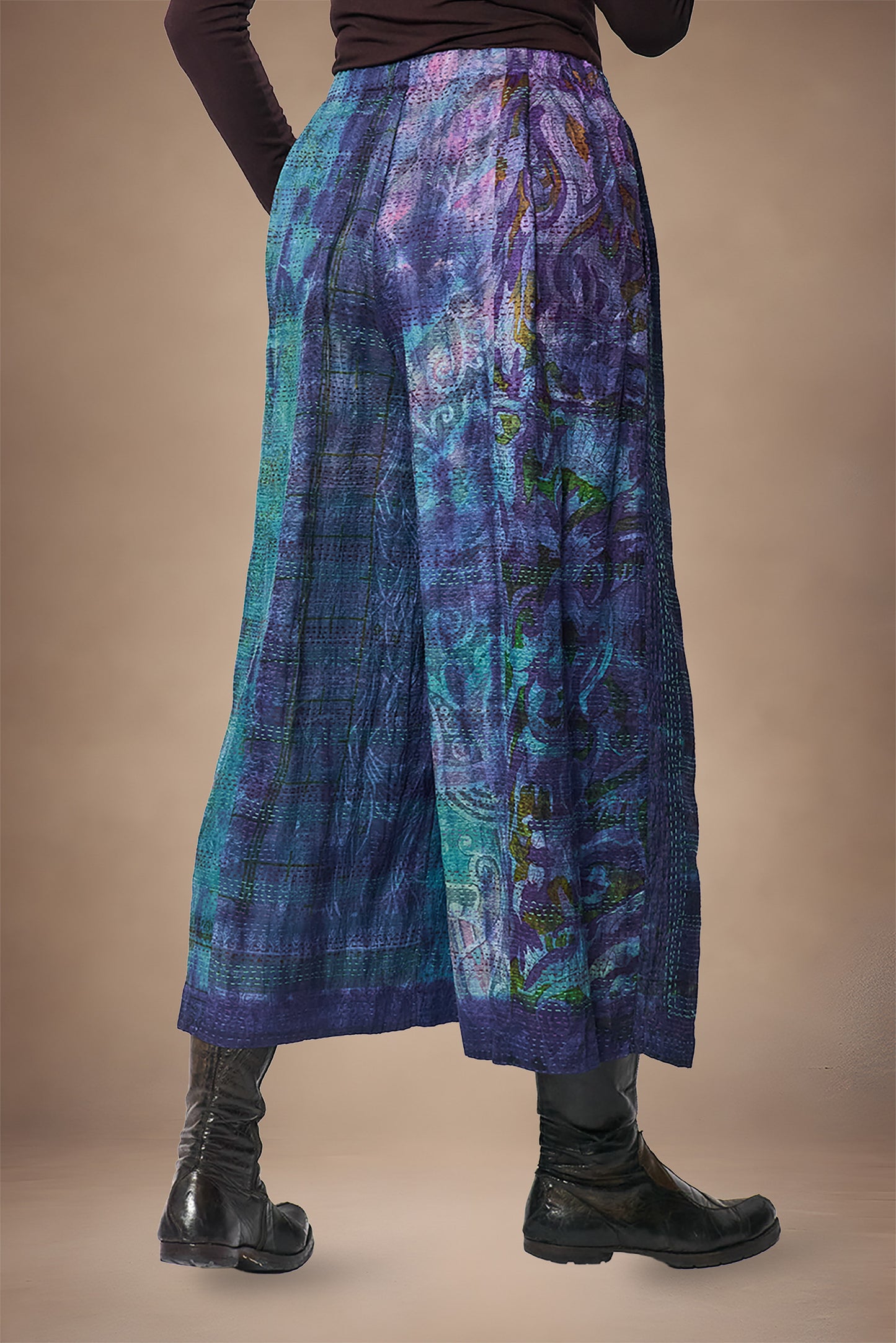 TIE DYE VINTAGE SILK KANTHA WIDE LEG LANTERN PANTS - st-sv2646-nvy -