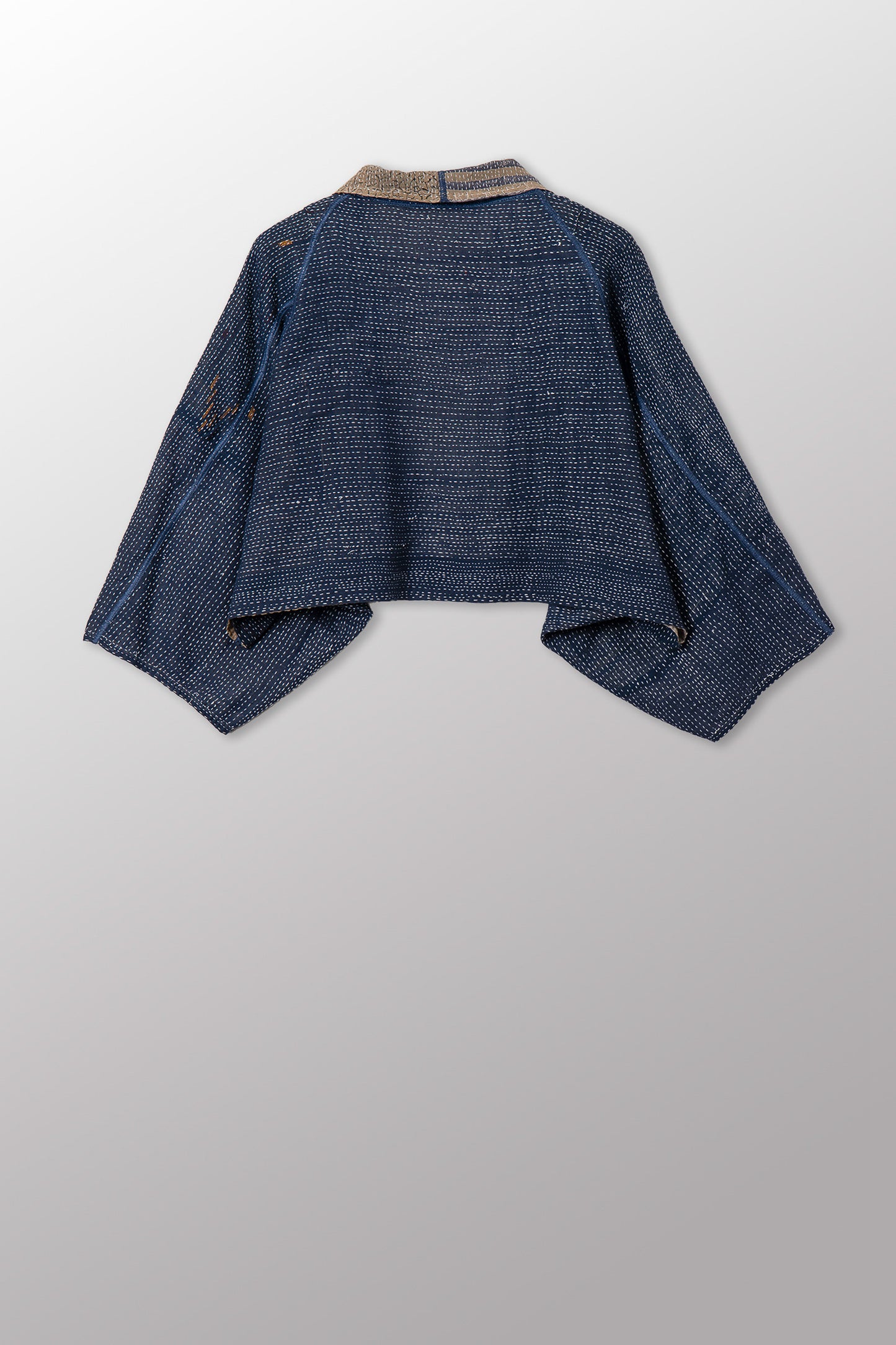 INDONESIAN PRINT VINTAGE INDIGO BACKING KANTHA PUFF SLV. SHRUG - bi2062-blu -