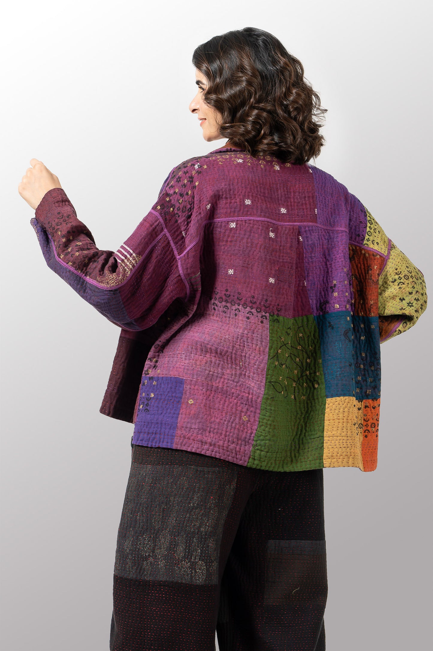 OMBRE PATCHED GOLD STAMP KANTHA CROPPED SHIRT JACKET - og4075-mlt -