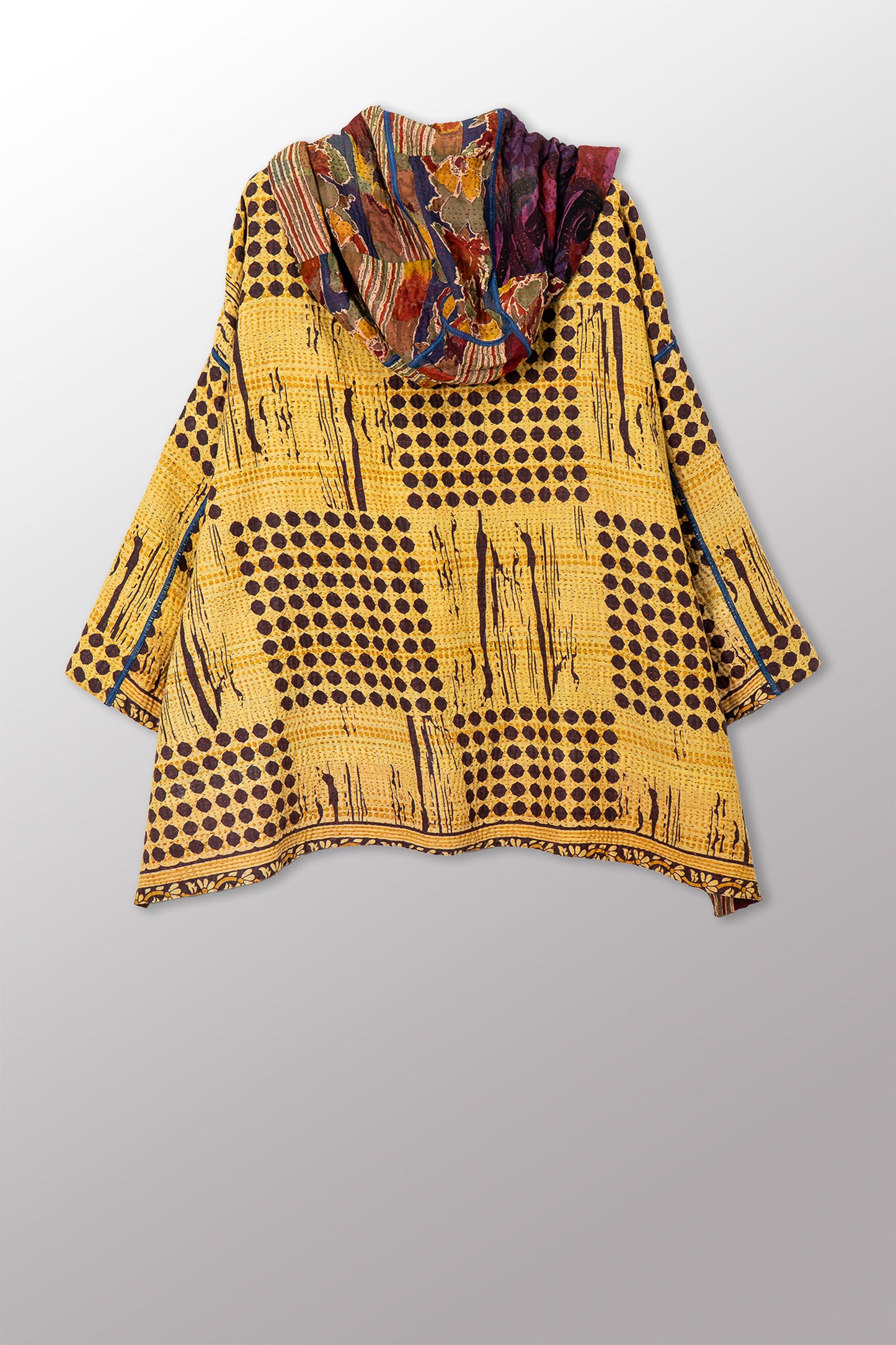 VINTAGE SILK GEORGETTE COTTON KANTHA HOODIE PONCHO - gc4064-0002a -