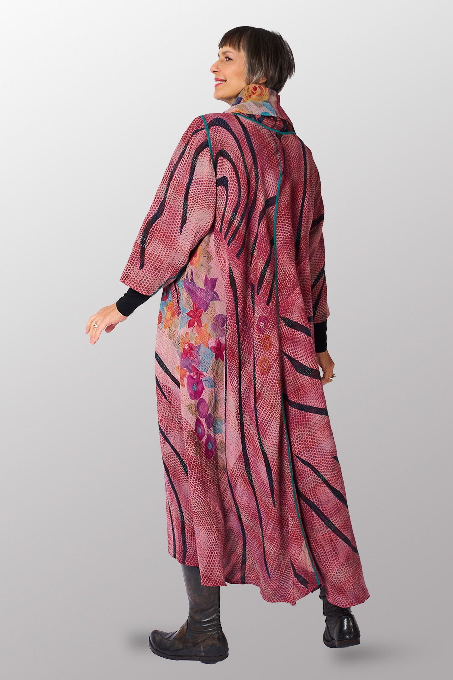 VINTAGE SILK GEORGETTE KANTHA COWL NECK LONG SLEEVE DRESS - sg2450-0006s -