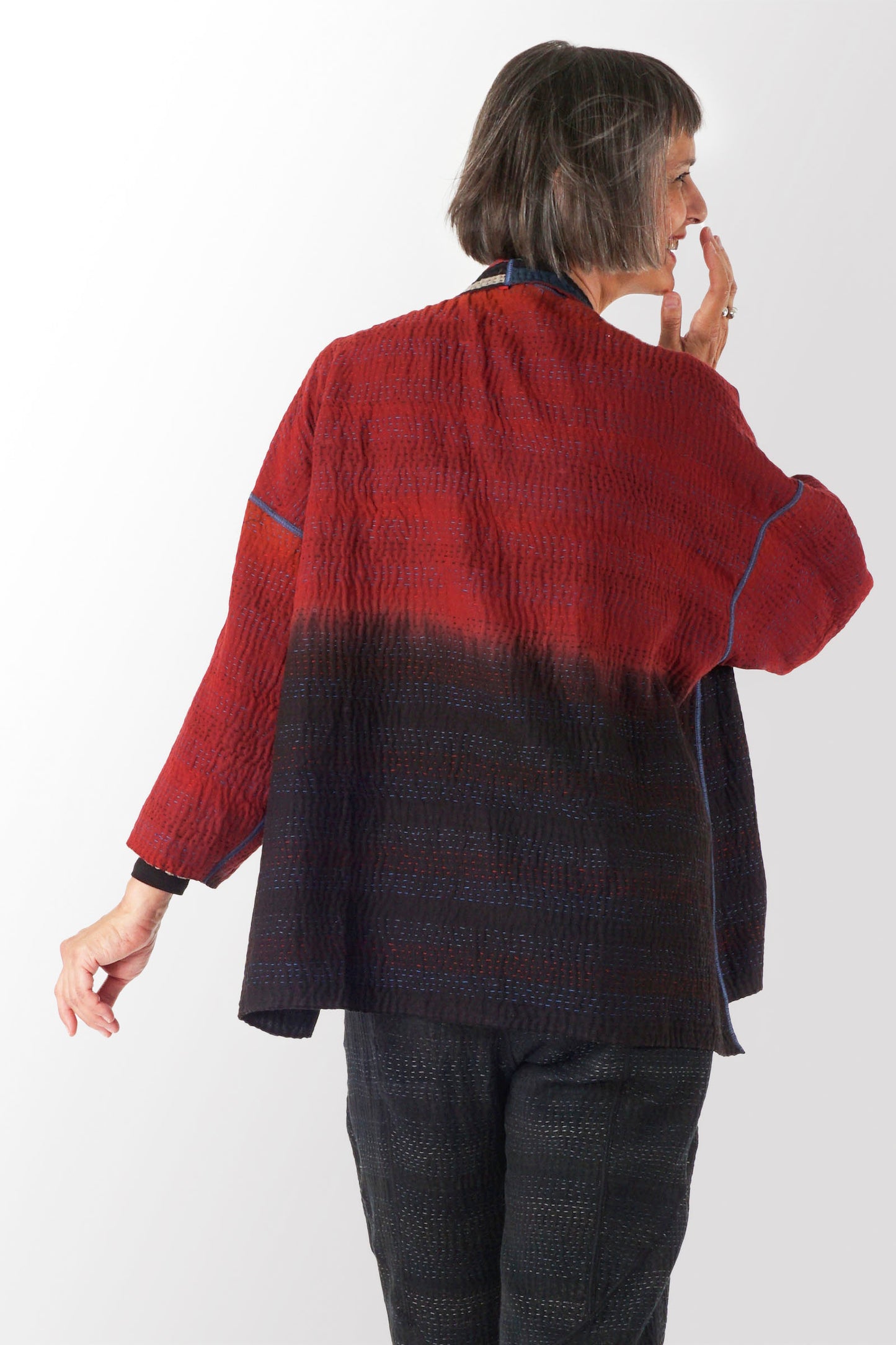 STRIPE AND BENDS KANTHA MINI KIMONO JACKET - sb4055-red -