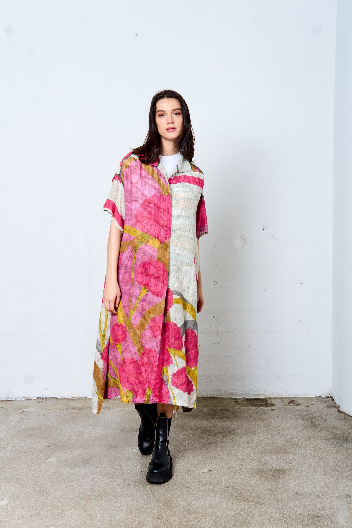 MARIGOLD PRINT KANTHA WING COLLAR DRESS - mg2454-pik -