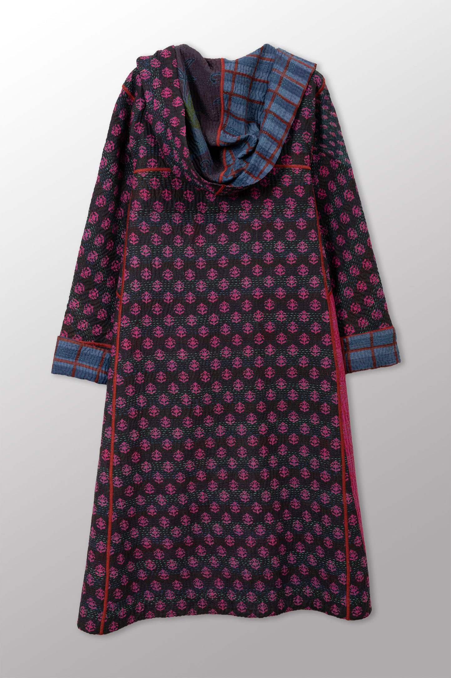 COTTON OVERDYE KANTHA HOODED A-LINE LONG COAT - ov4306-cblu001a -